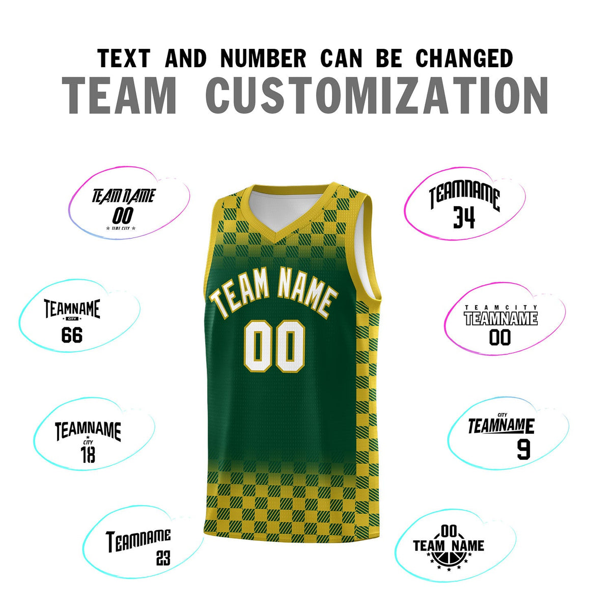Custom Green Old Gold Classic Plaid Pattern Sports Uniform Basketball Jersey