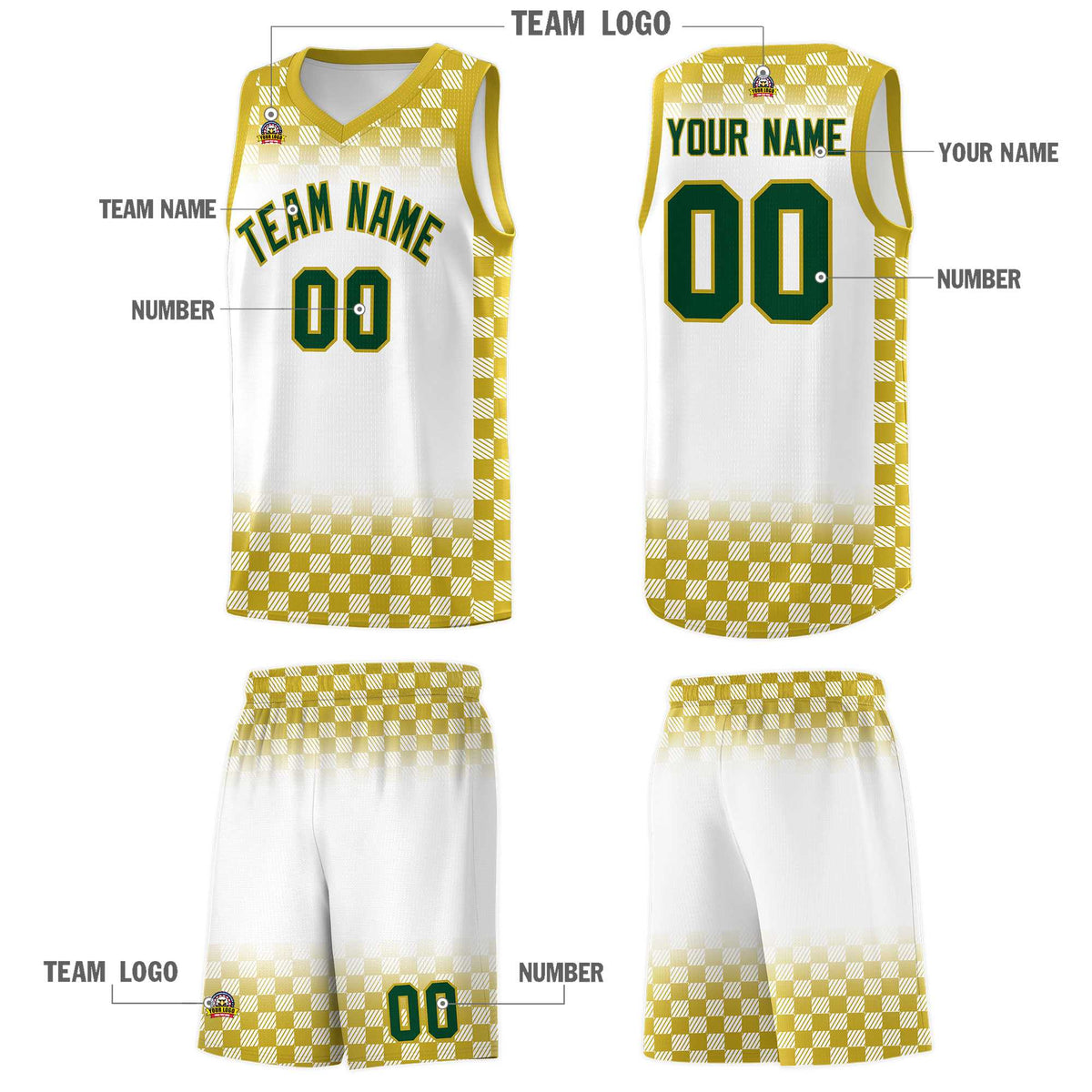 Custom White Old Gold Classic Plaid Pattern Sports Uniform Basketball Jersey