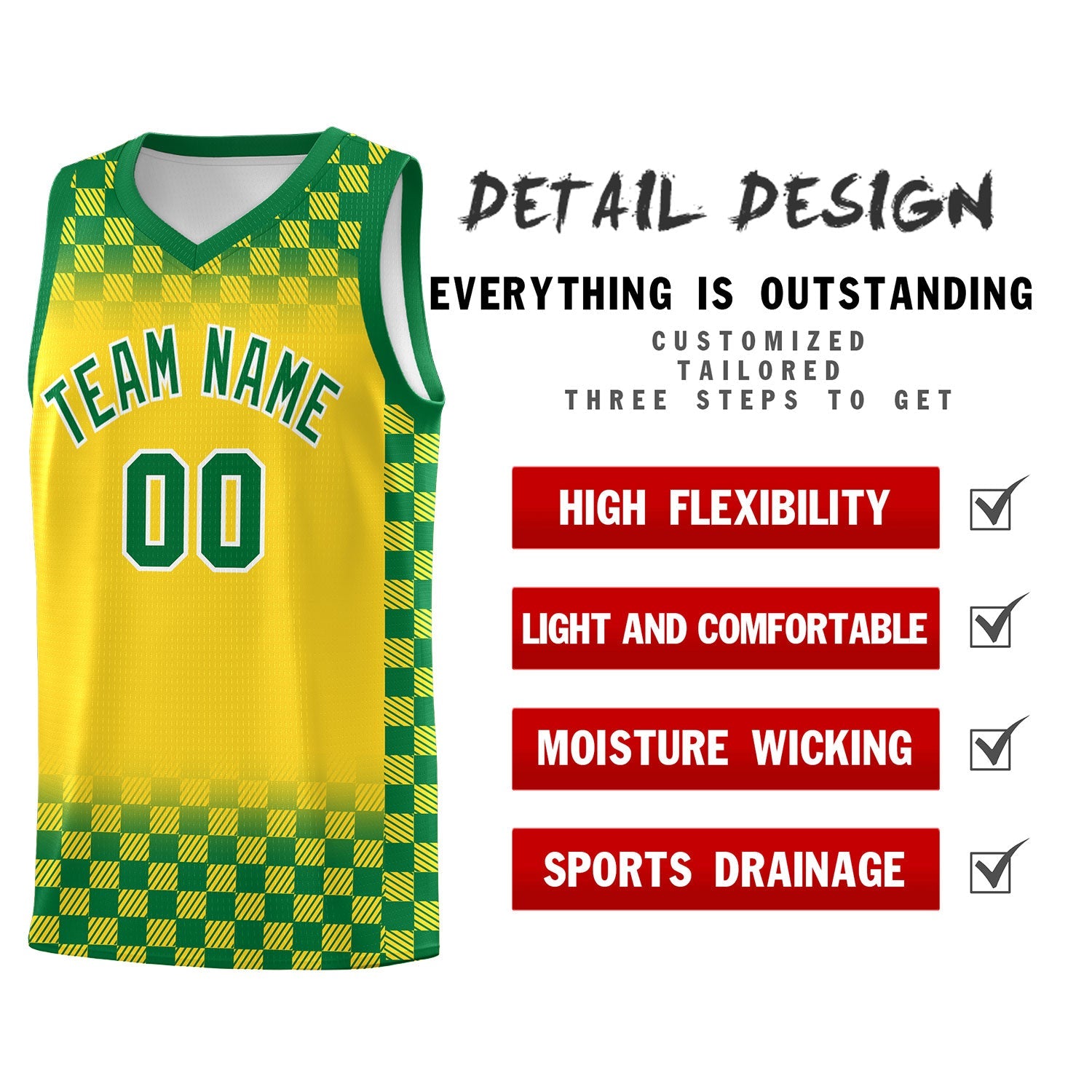 Custom Gold Kelly Green Classic Plaid Pattern Sports Uniform Basketball Jersey