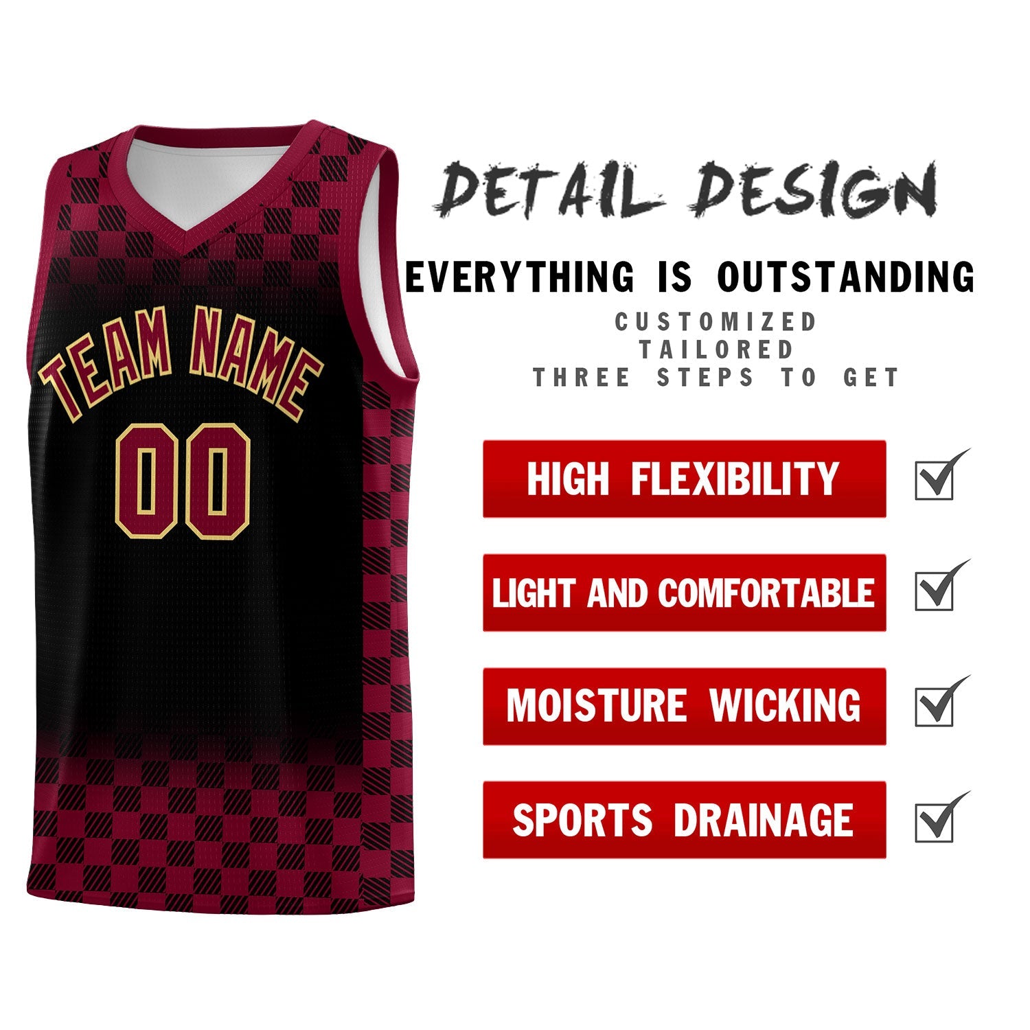 Custom Black Crimson Classic Plaid Pattern Sports Uniform Basketball Jersey