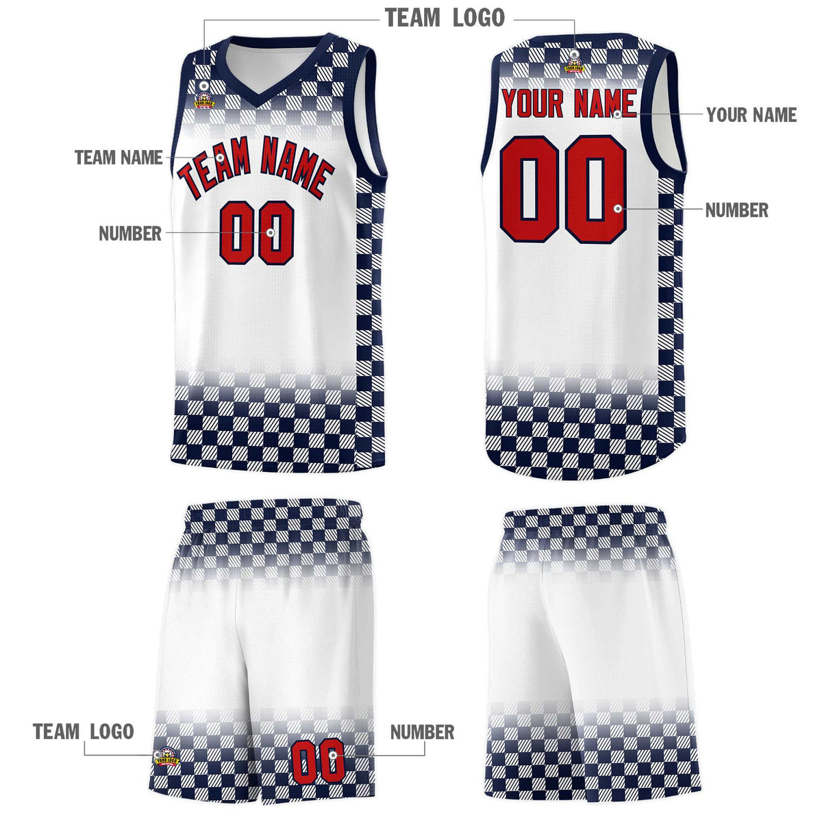 Custom White Navy Classic Plaid Pattern Sports Uniform Basketball Jersey