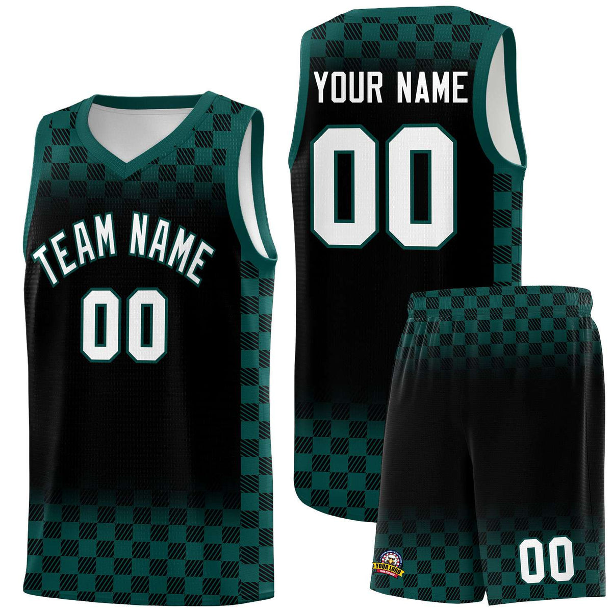 Custom Black Midnight Green Classic Plaid Pattern Sports Uniform Basketball Jersey