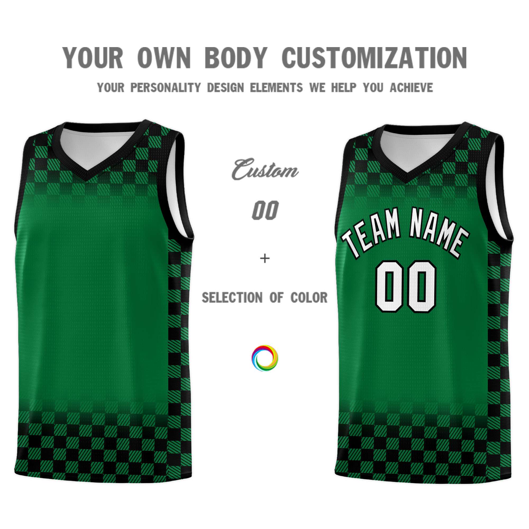 Custom Kelly Green Black Classic Plaid Pattern Sports Uniform Basketball Jersey