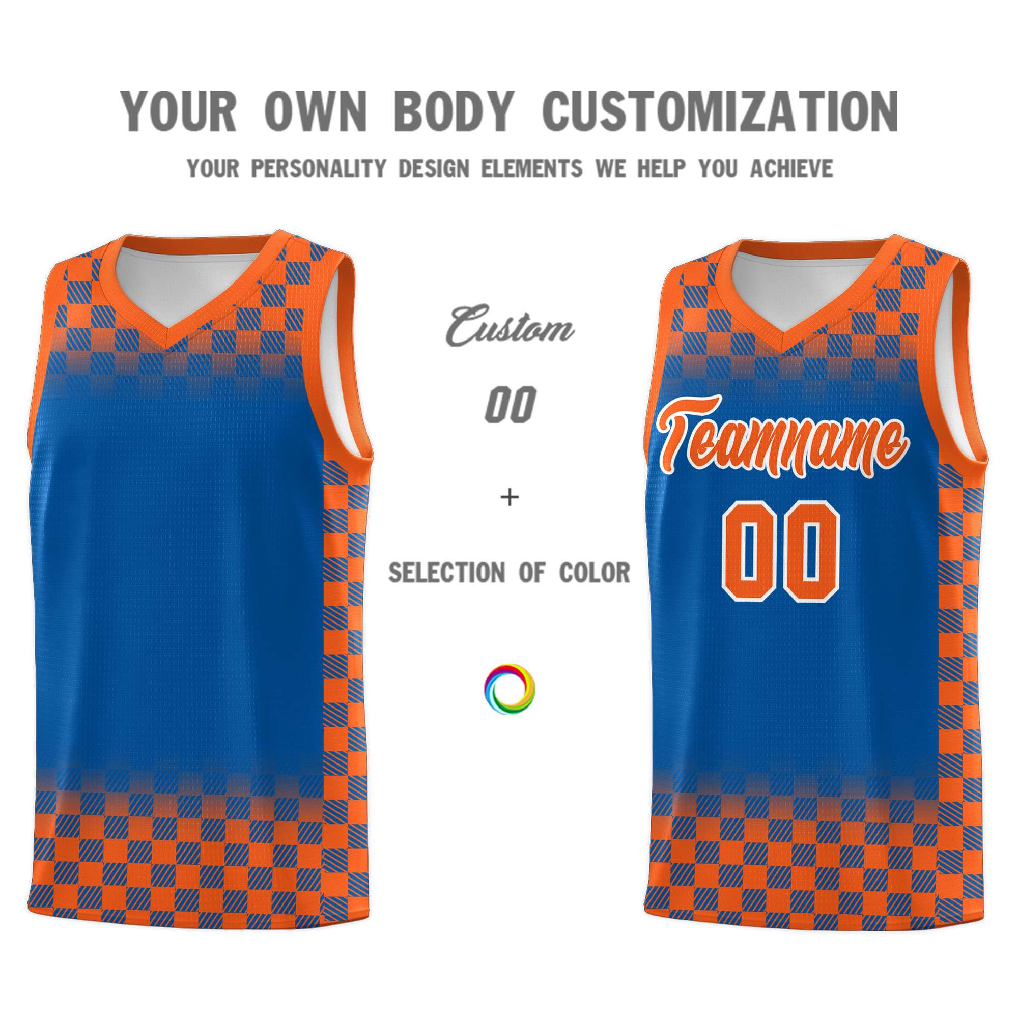 Custom Royal Orange Classic Plaid Pattern Sports Uniform Basketball Jersey