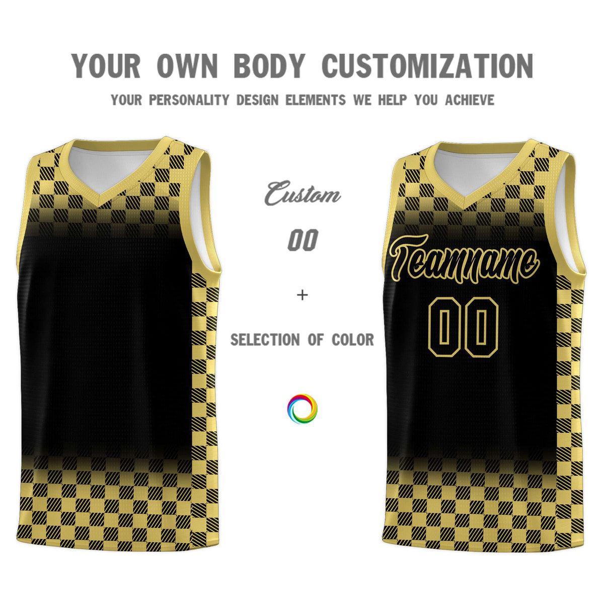 Custom Black Old Gold Classic Plaid Pattern Sports Uniform Basketball Jersey