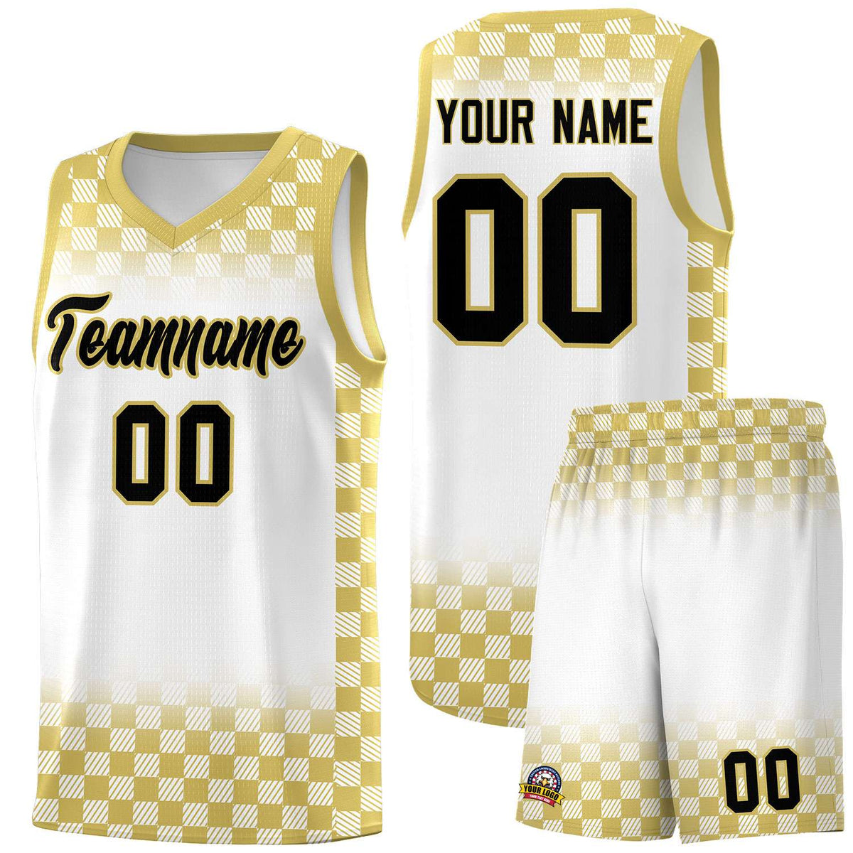 Custom White Old Gold Classic Plaid Pattern Sports Uniform Basketball Jersey