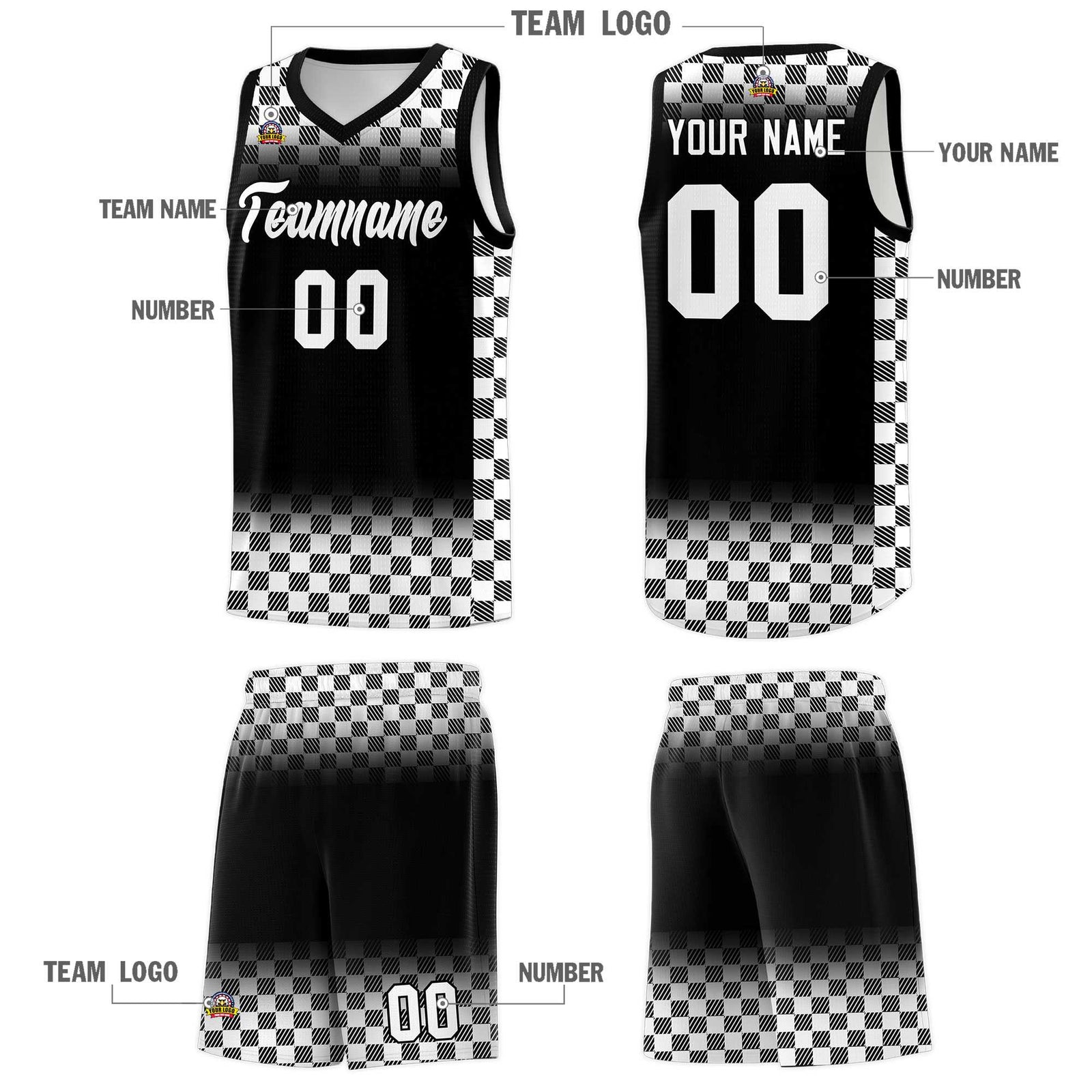 Custom Black White Classic Plaid Pattern Sports Uniform Basketball Jersey