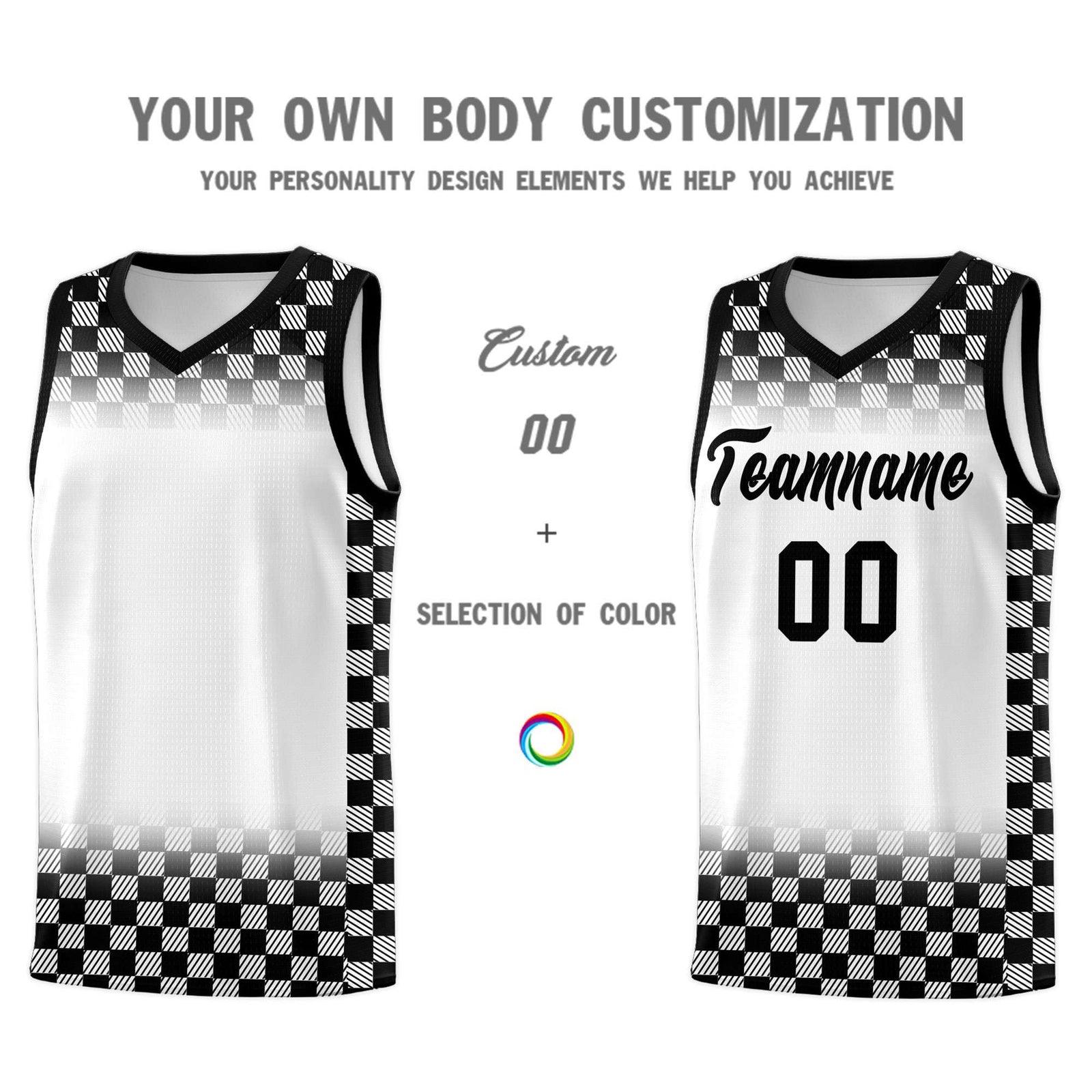 Custom White Black Classic Plaid Pattern Sports Uniform Basketball Jersey