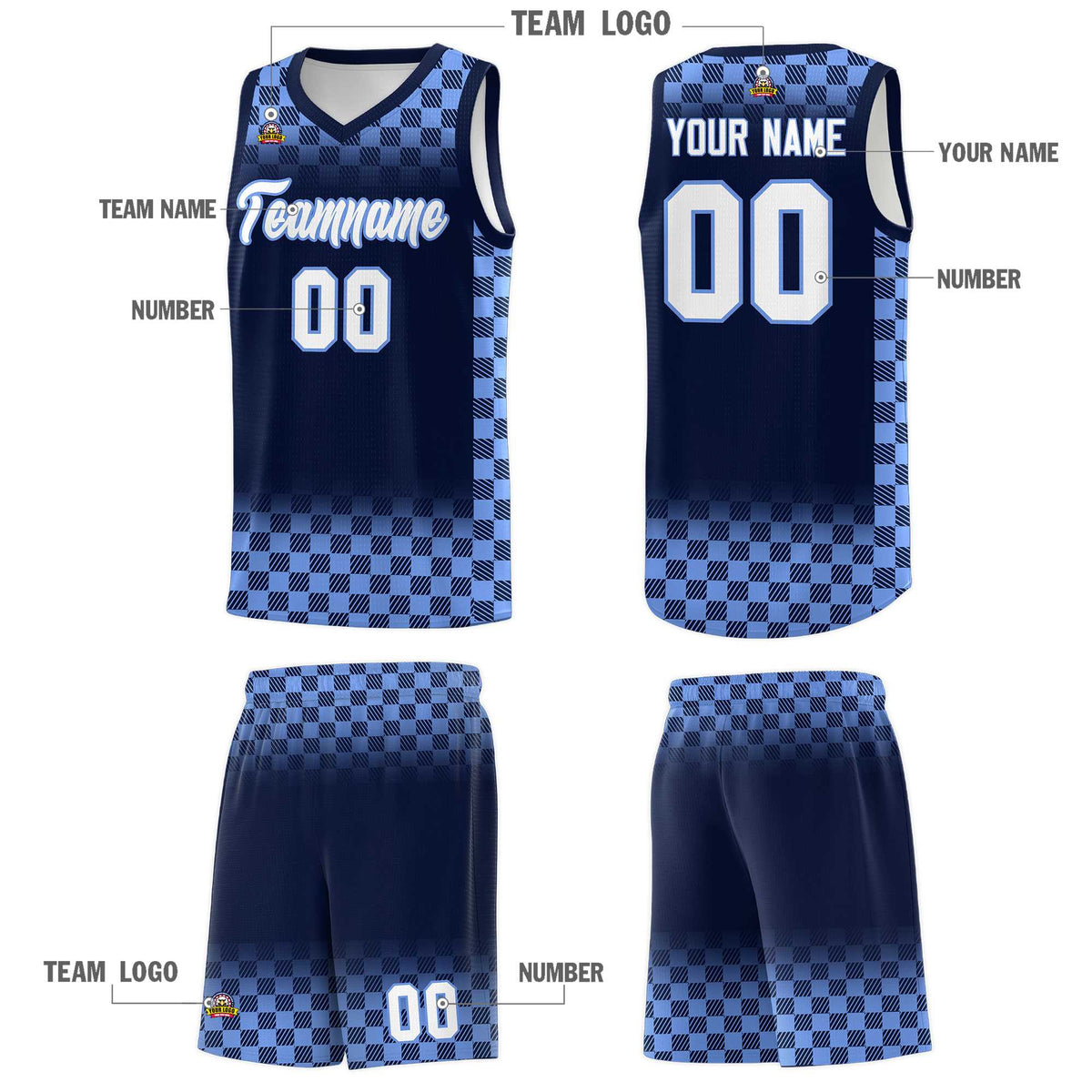 Custom Navy Light Blue Classic Plaid Pattern Sports Uniform Basketball Jersey