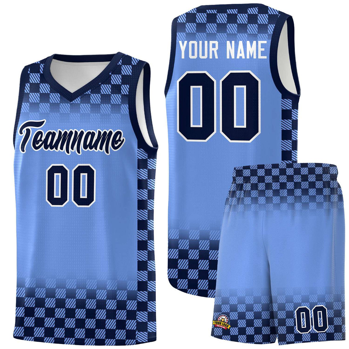 Custom Light Blue Navy Classic Plaid Pattern Sports Uniform Basketball Jersey
