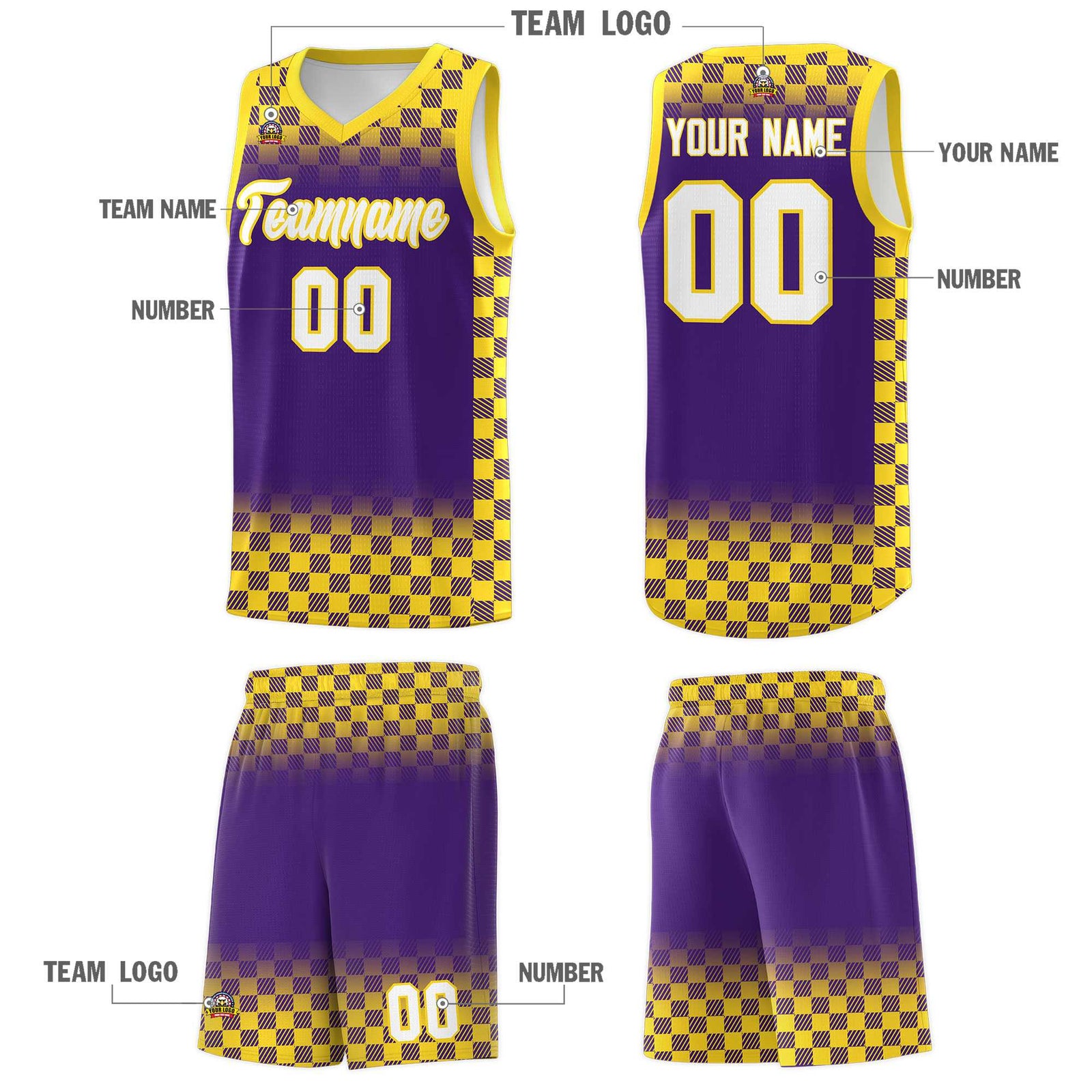 Custom Purple Gold Classic Plaid Pattern Sports Uniform Basketball Jersey