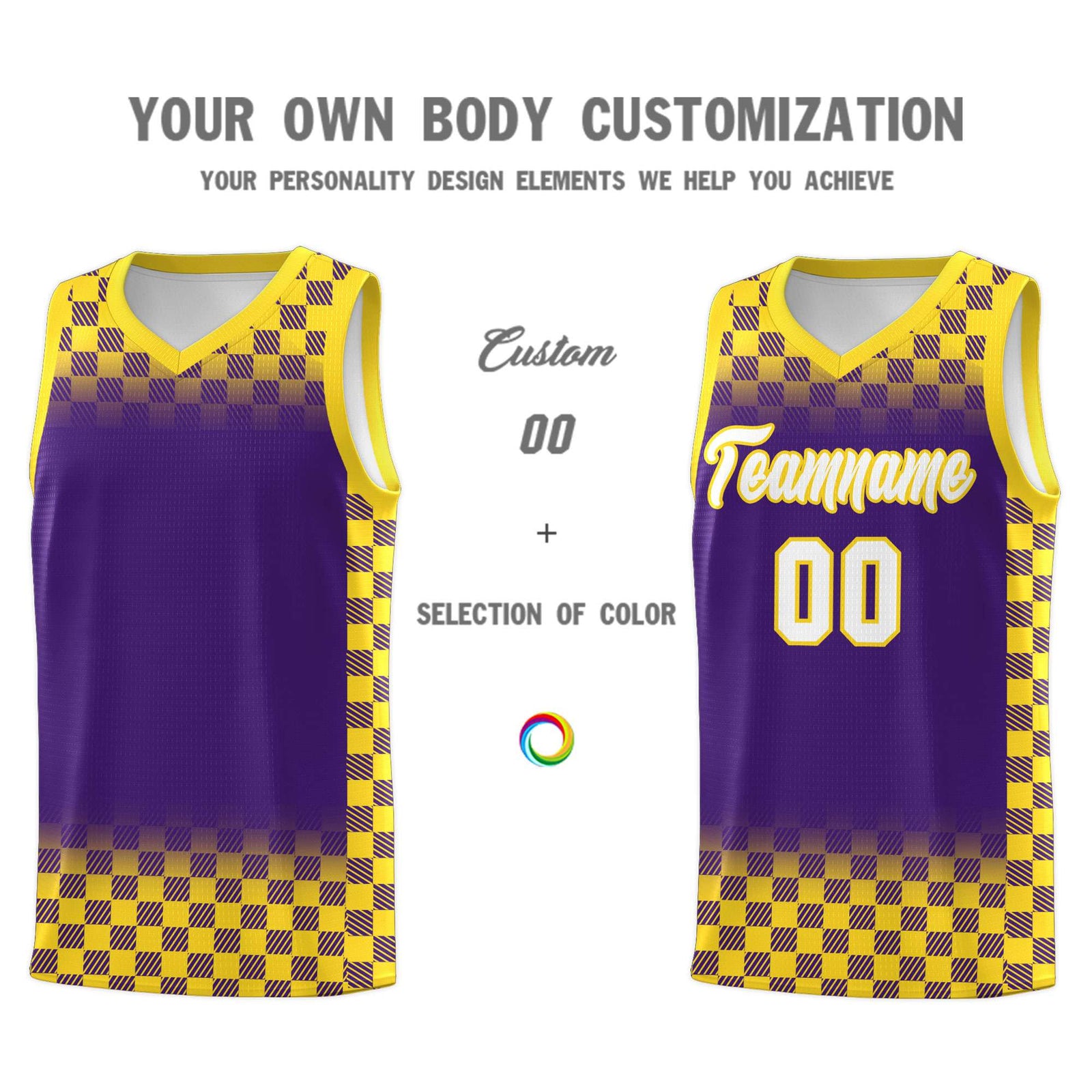 Custom Purple Gold Classic Plaid Pattern Sports Uniform Basketball Jersey