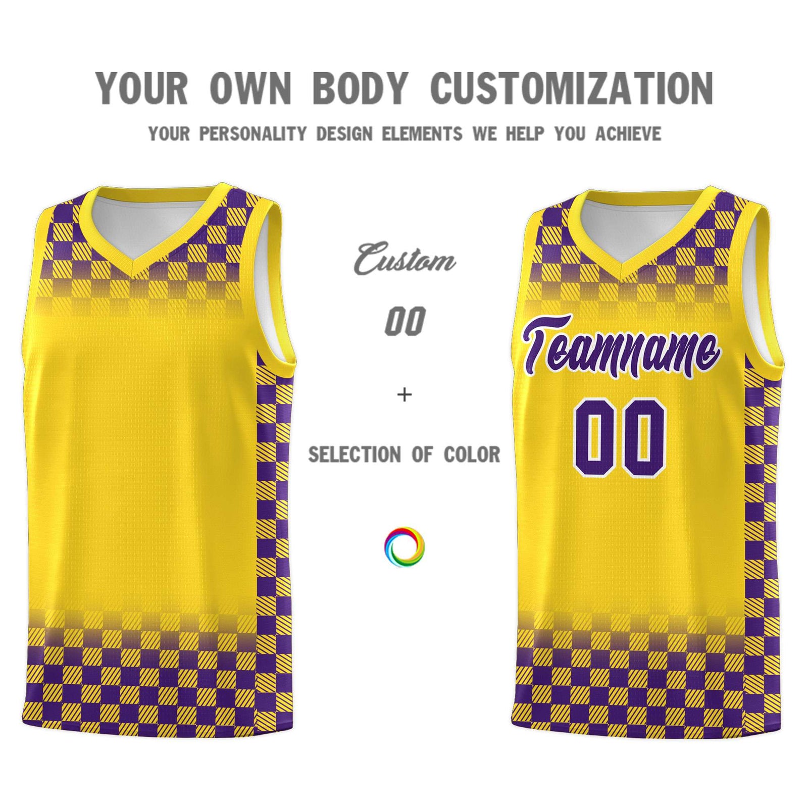 Custom Gold Purple Classic Plaid Pattern Sports Uniform Basketball Jersey