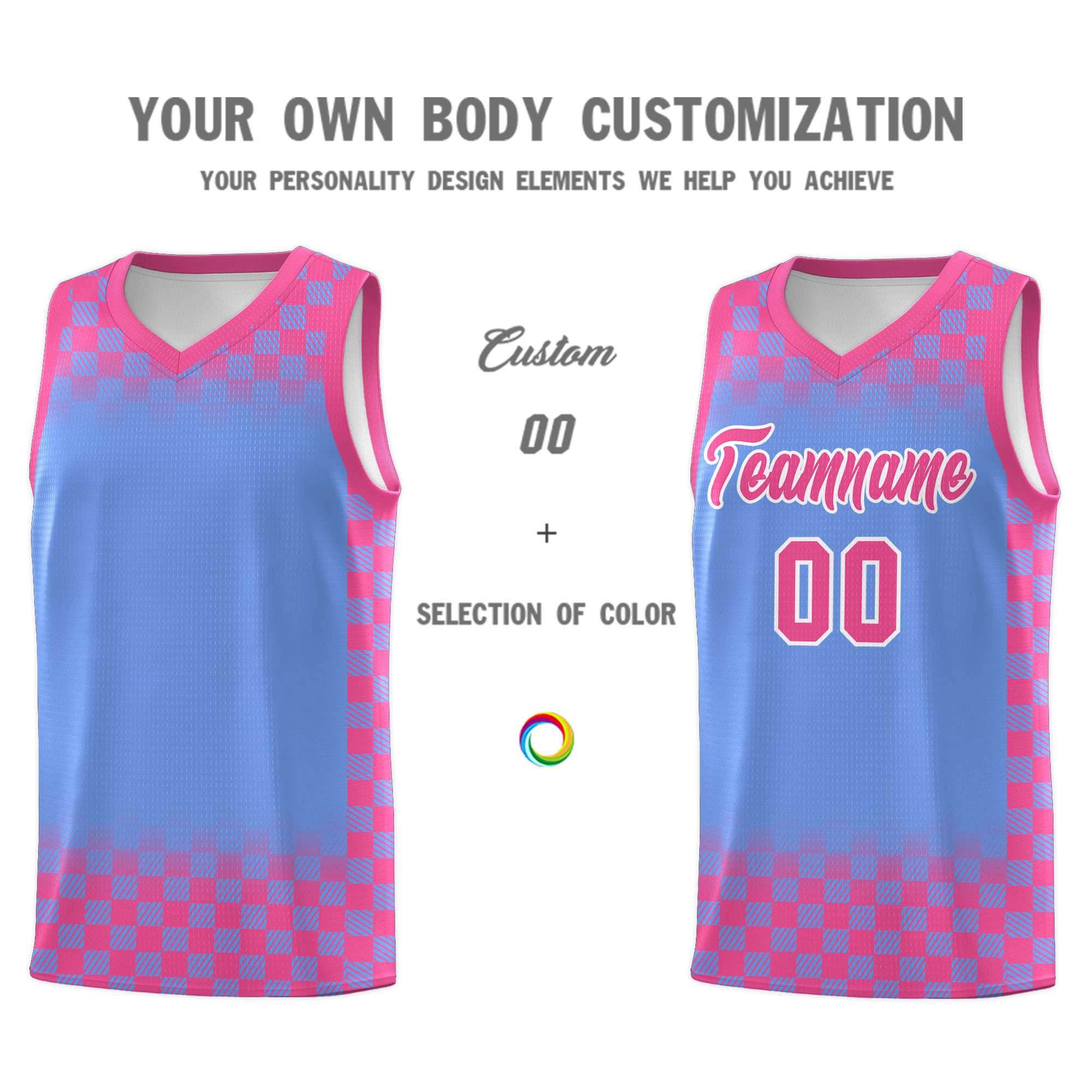 Custom Light Blue Pink Classic Plaid Pattern Sports Uniform Basketball Jersey