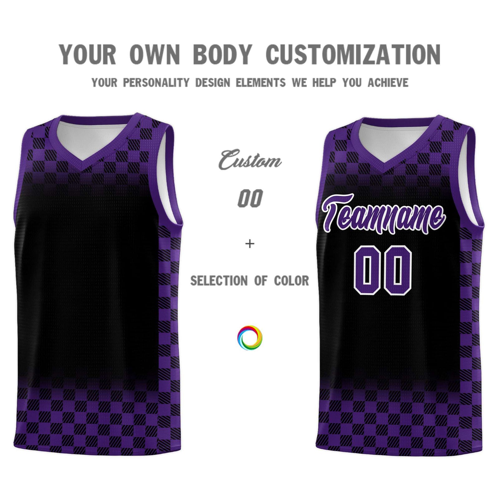 Custom Black Purple Classic Plaid Pattern Sports Uniform Basketball Jersey