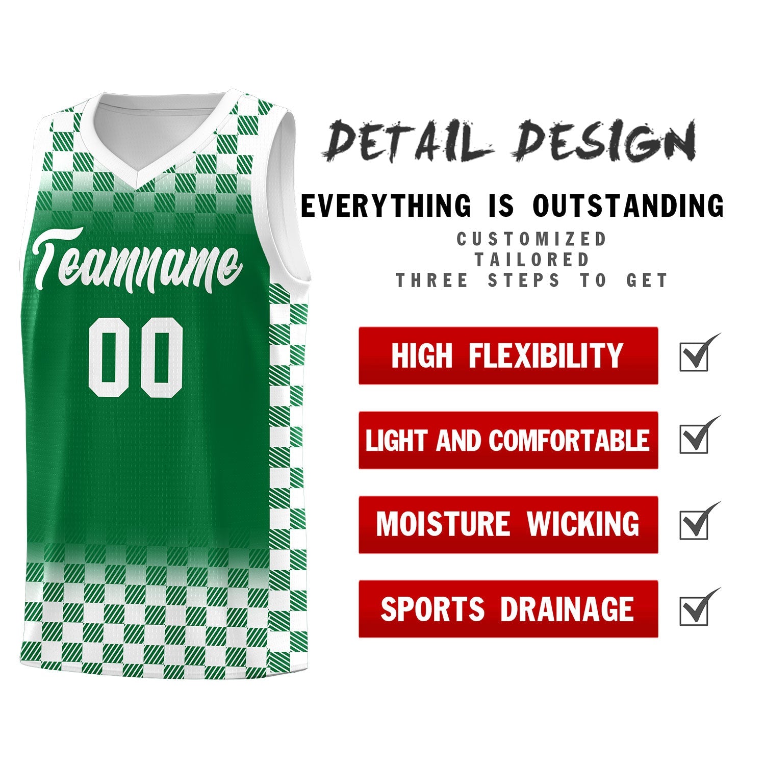 Custom Kelly Green White Classic Plaid Pattern Sports Uniform Basketball Jersey