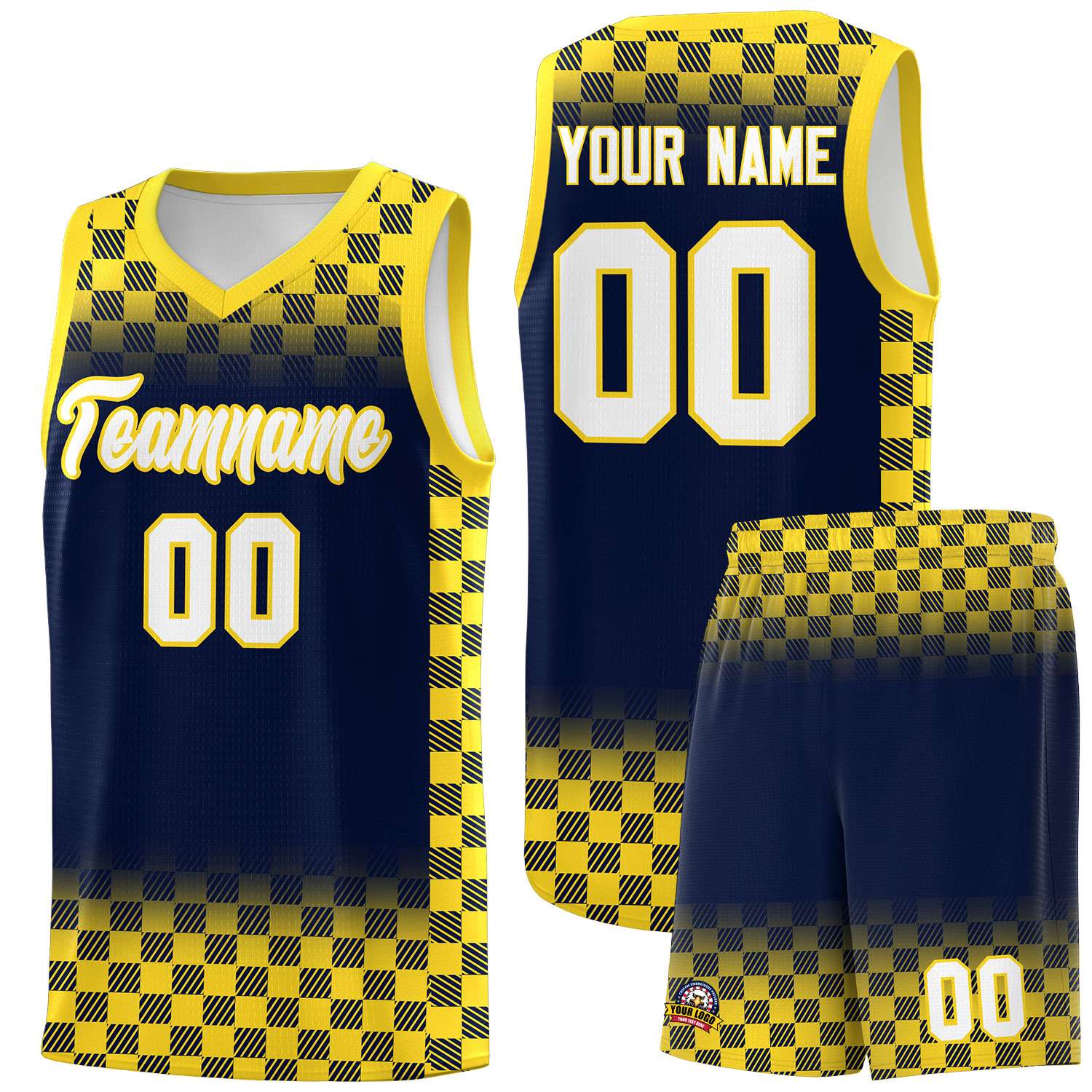 Custom Navy Gold Classic Plaid Pattern Sports Uniform Basketball Jersey