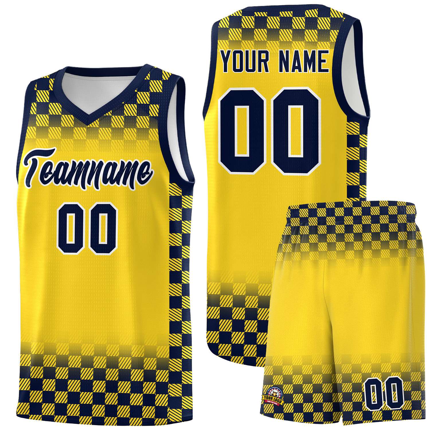 Custom Gold Navy Classic Plaid Pattern Sports Uniform Basketball Jersey