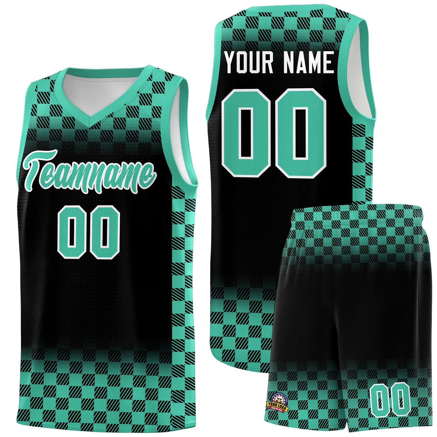 Custom Black Bright Green Classic Plaid Pattern Sports Uniform Basketball Jersey