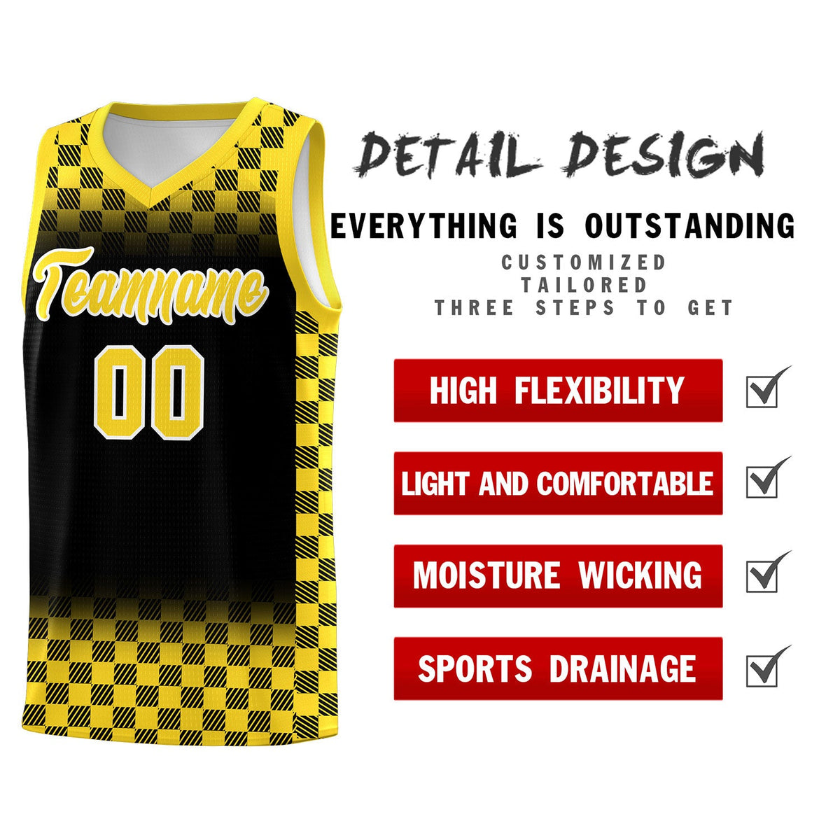 Custom Black Gold Classic Plaid Pattern Sports Uniform Basketball Jersey
