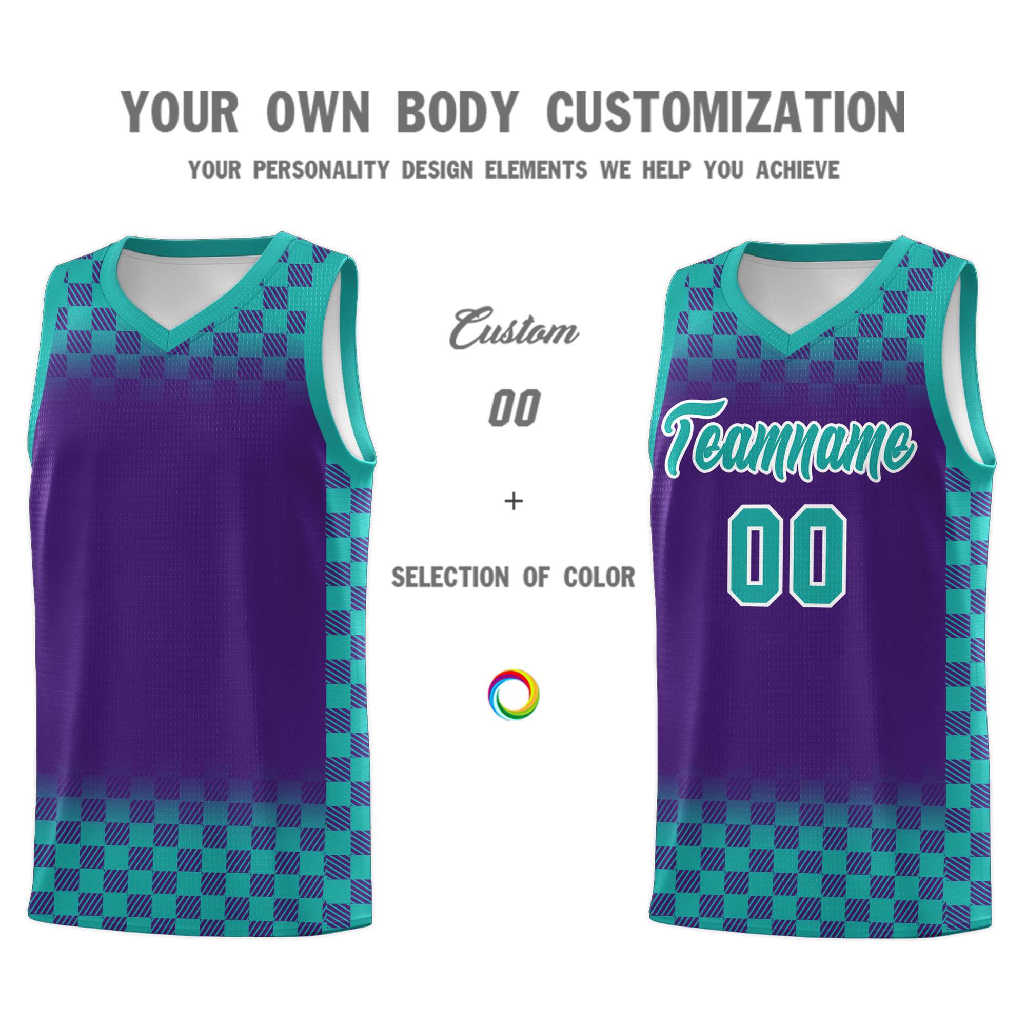Custom Purple Aqua Classic Plaid Pattern Sports Uniform Basketball Jersey