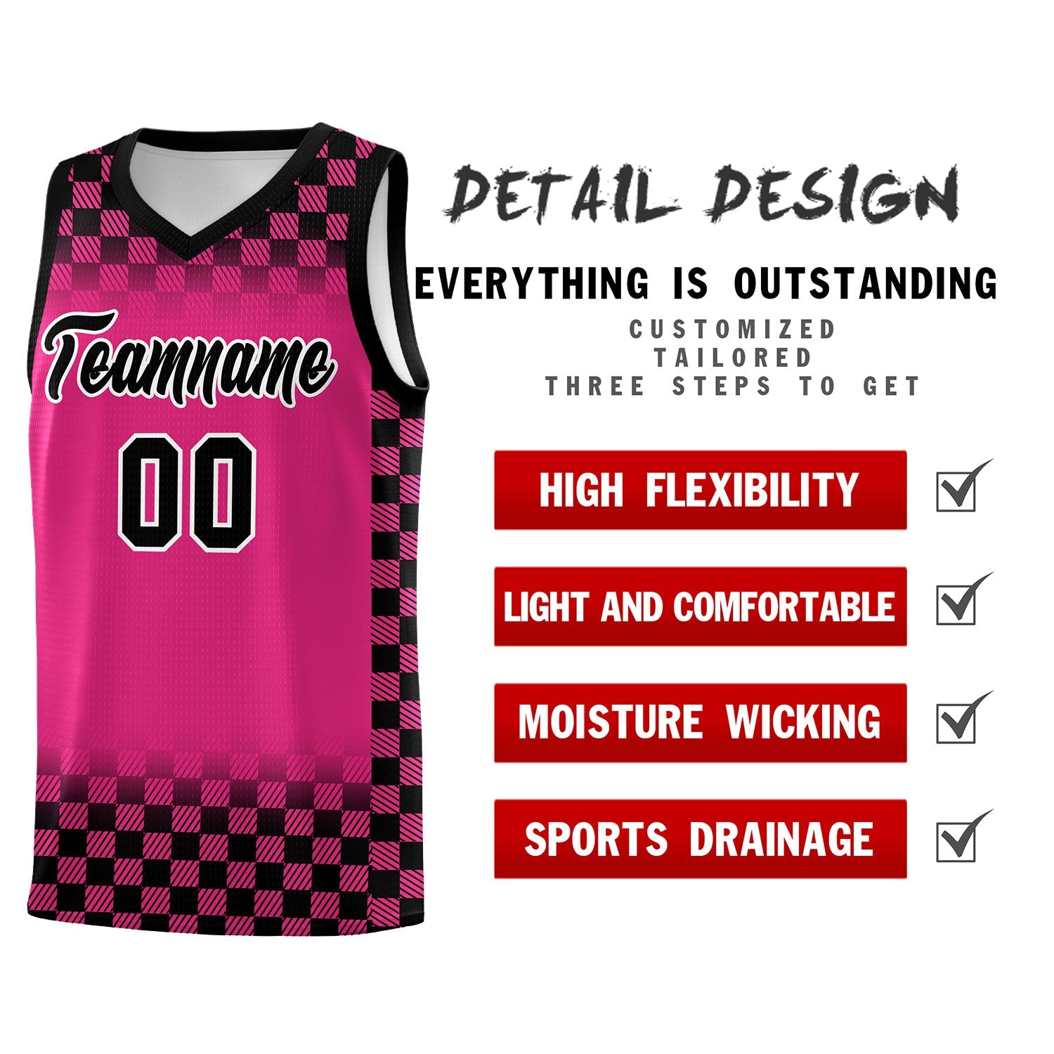 Custom Pink Black Classic Plaid Pattern Sports Uniform Basketball Jersey