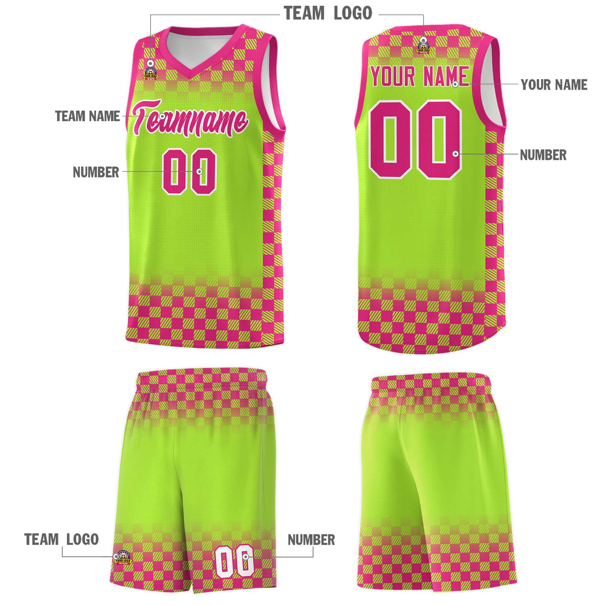 Custom Neon Green Pink Classic Plaid Pattern Sports Uniform Basketball Jersey