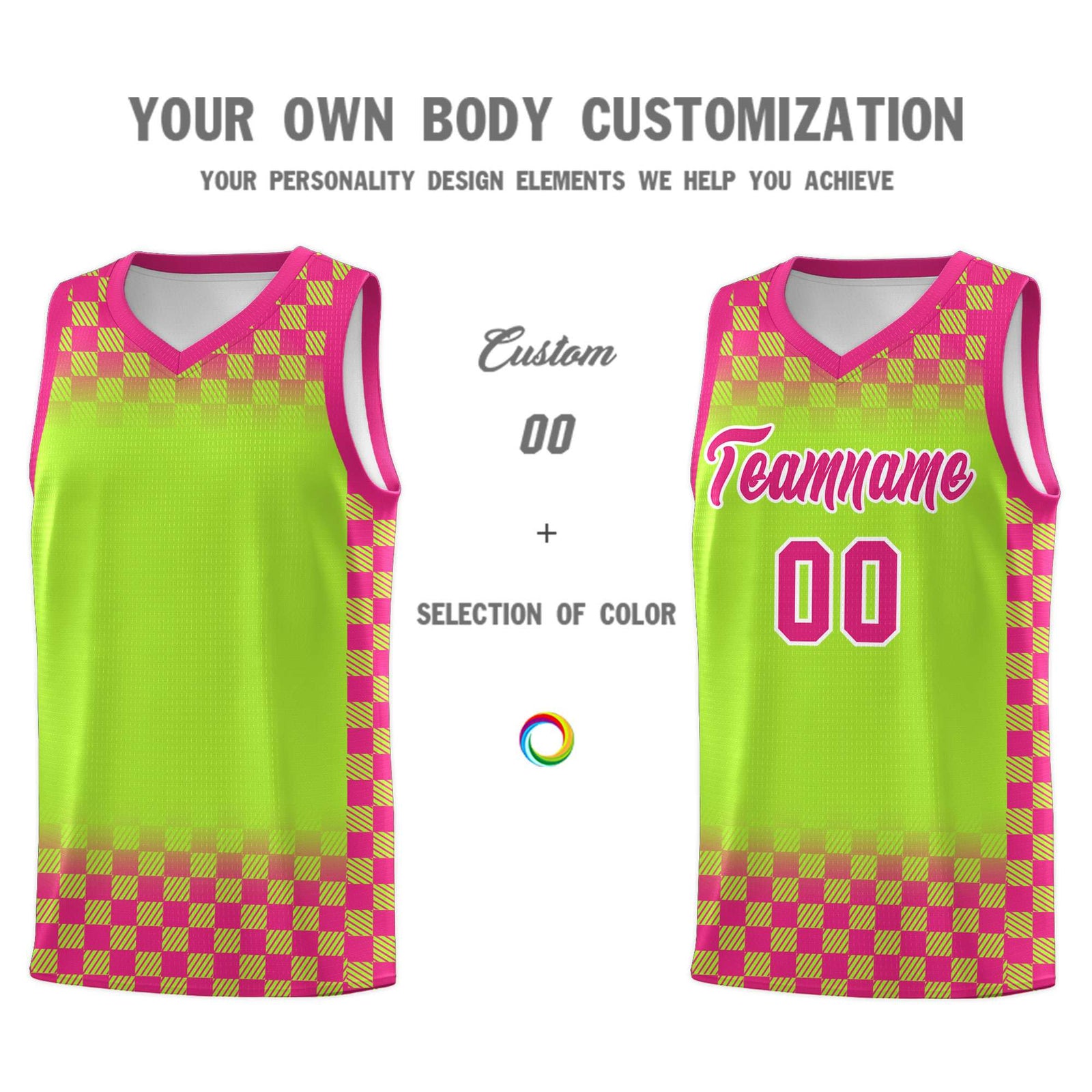 Custom Neon Green Pink Classic Plaid Pattern Sports Uniform Basketball Jersey