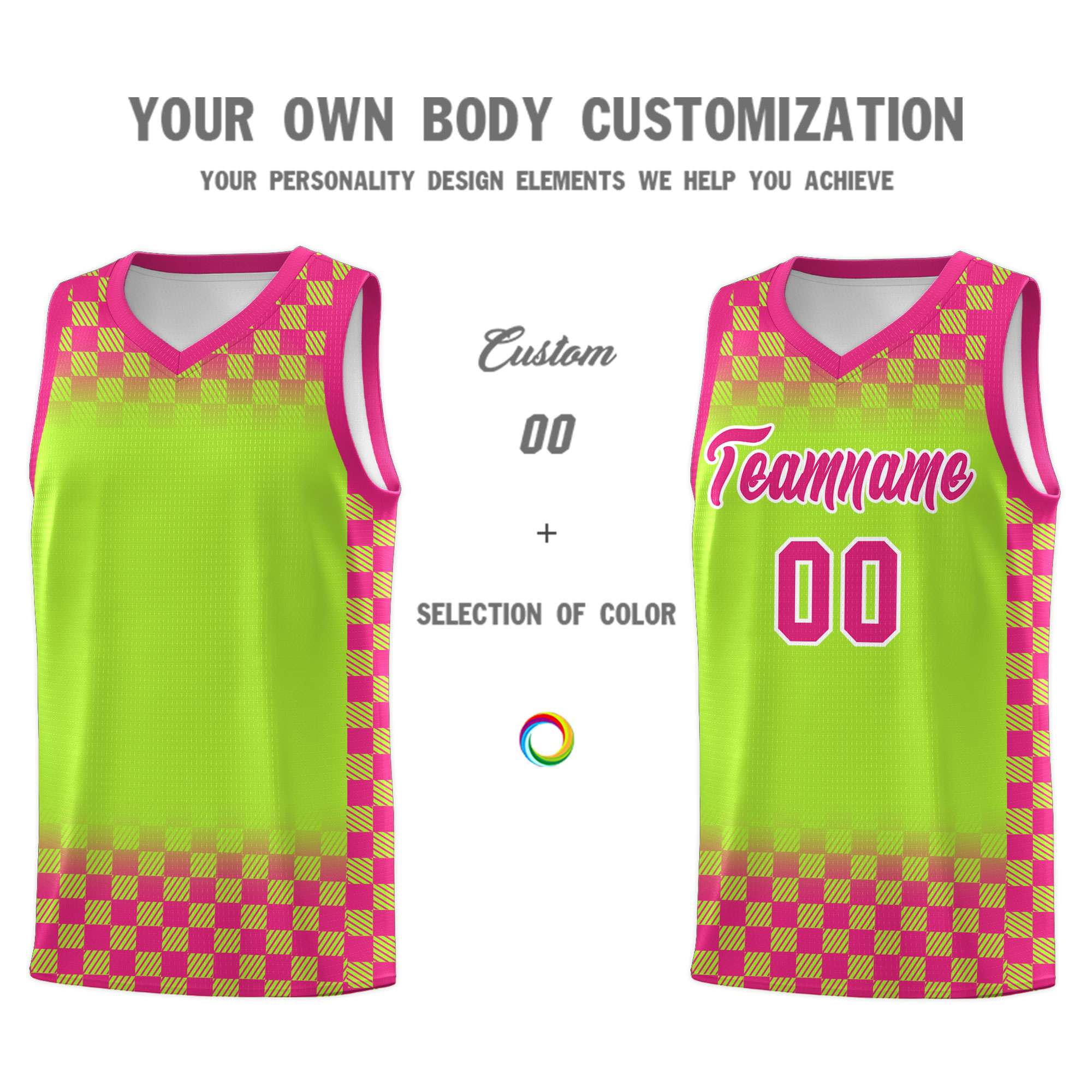 Custom Neon Green Pink Classic Plaid Pattern Sports Uniform Basketball Jersey