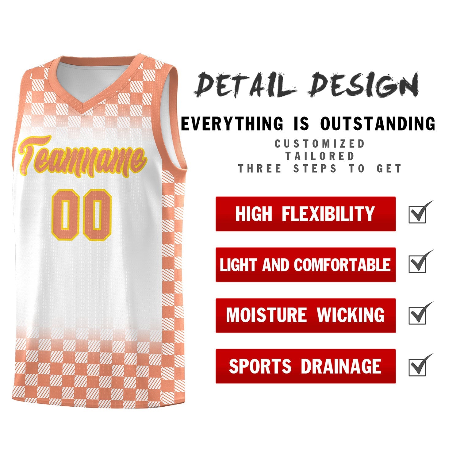 Custom White Light Orange Classic Plaid Pattern Sports Uniform Basketball Jersey