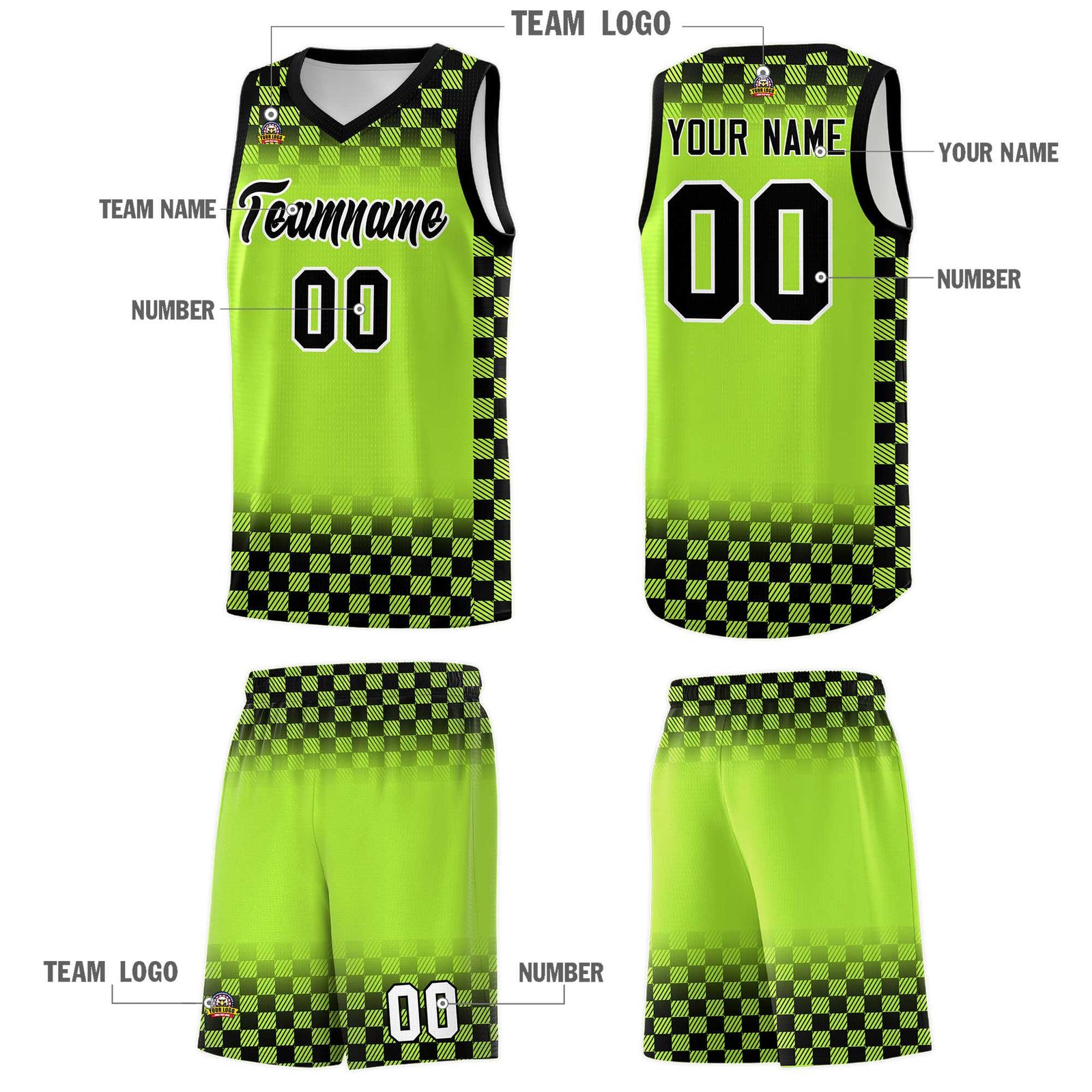 Custom Neon Green Black Classic Plaid Pattern Sports Uniform Basketball Jersey