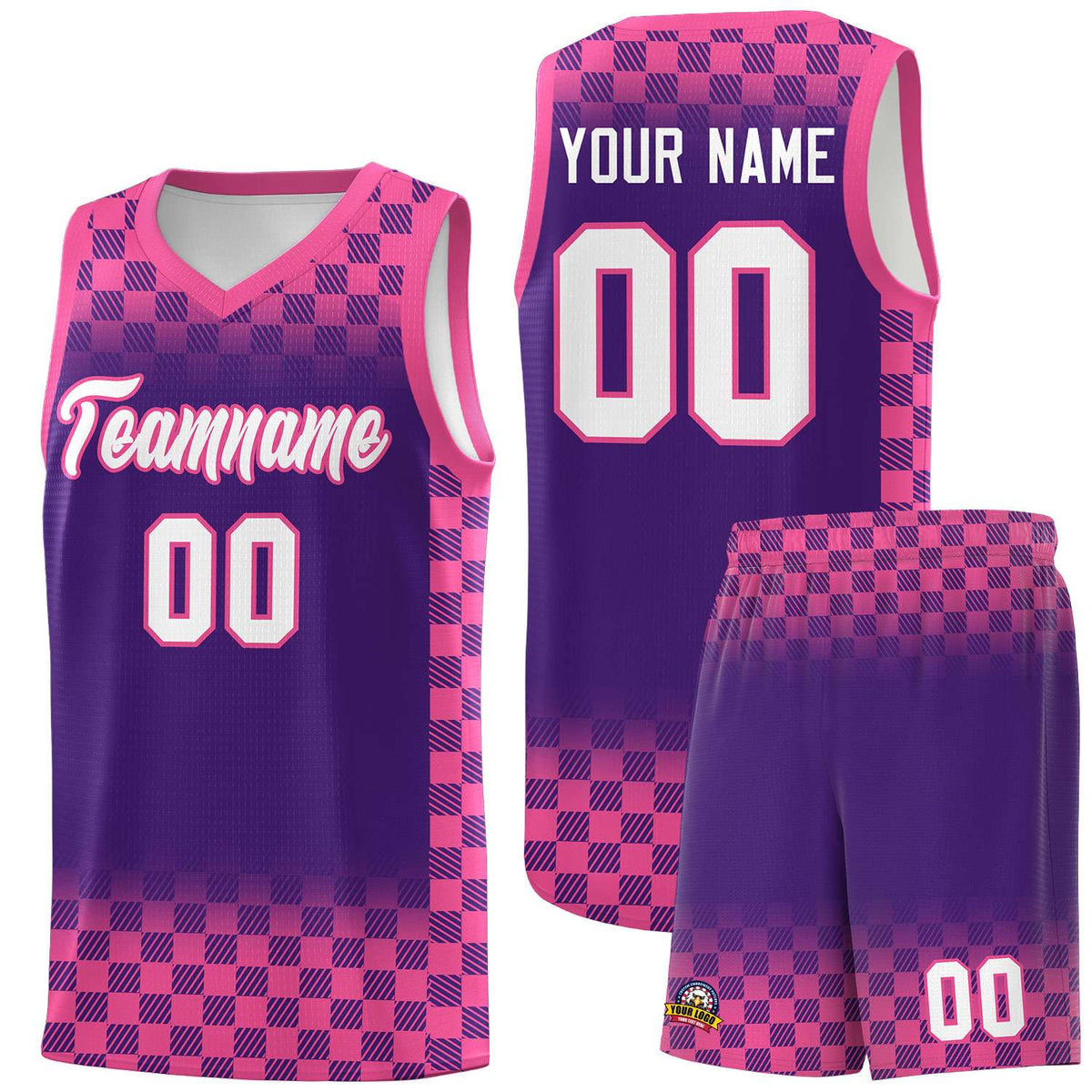 Custom Purple Pink Classic Plaid Pattern Sports Uniform Basketball Jersey