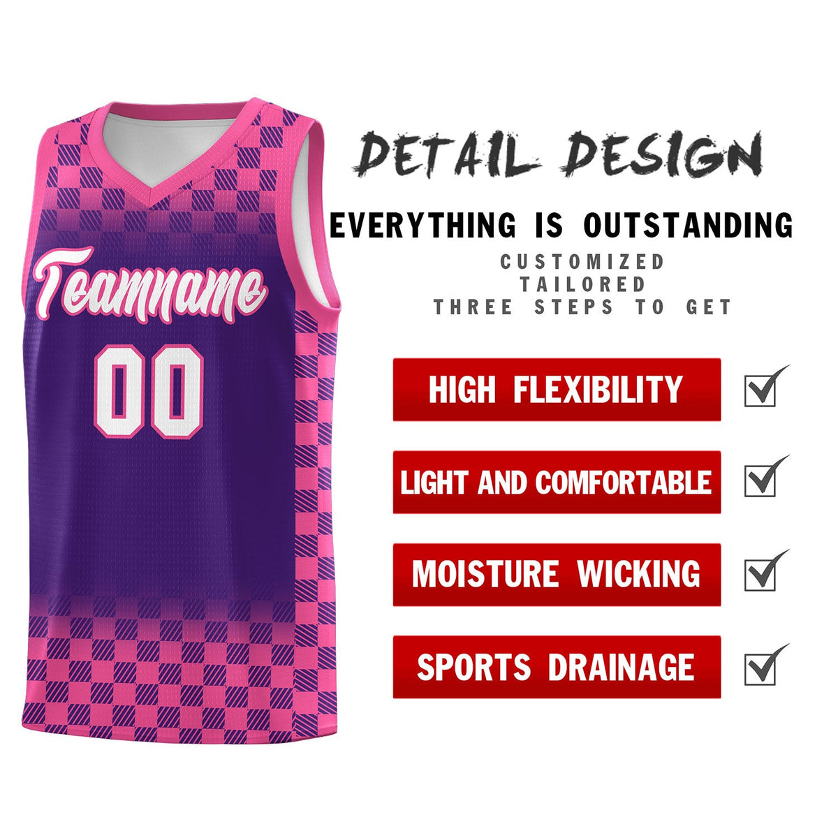 Custom Purple Pink Classic Plaid Pattern Sports Uniform Basketball Jersey