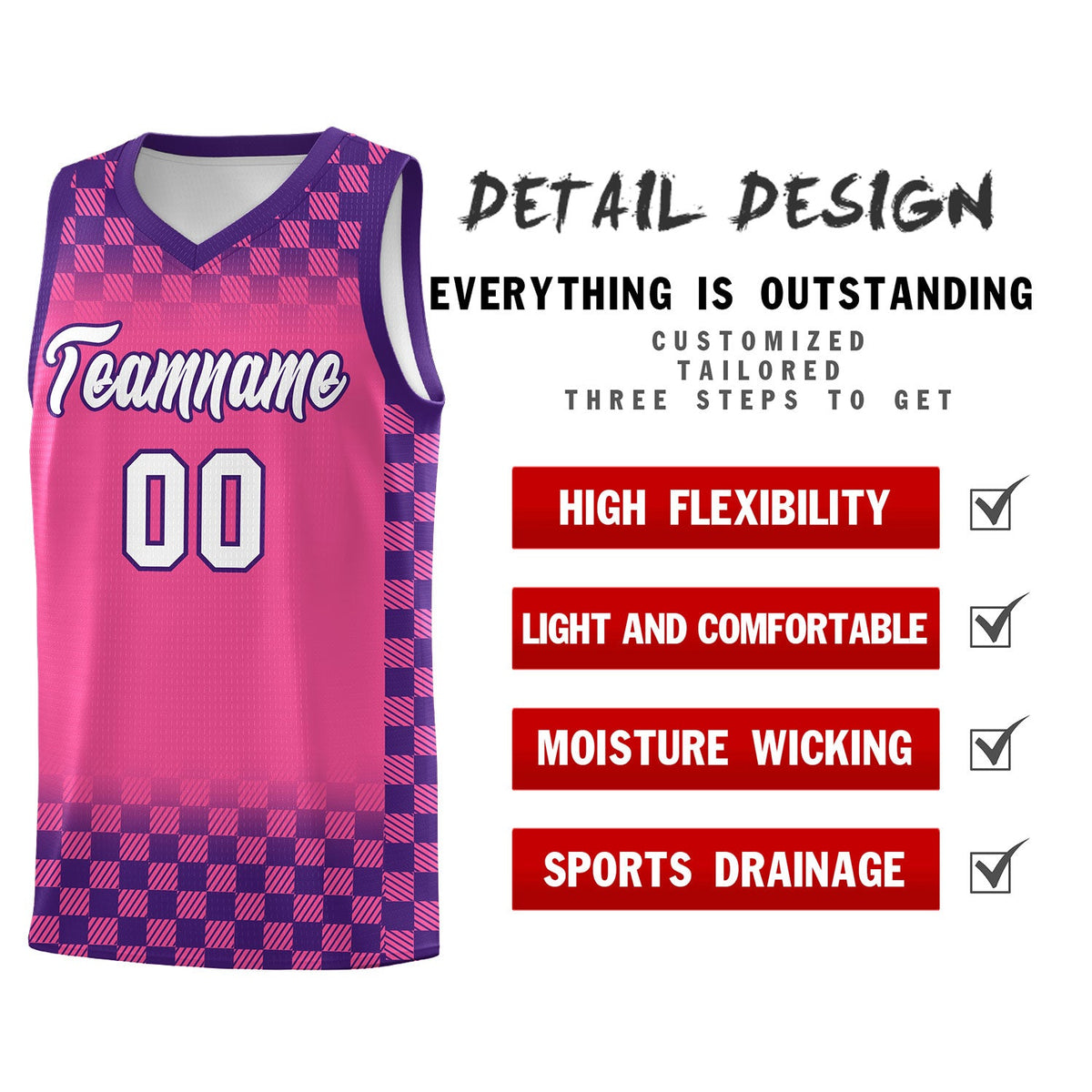 Custom Pink Purple Classic Plaid Pattern Sports Uniform Basketball Jersey