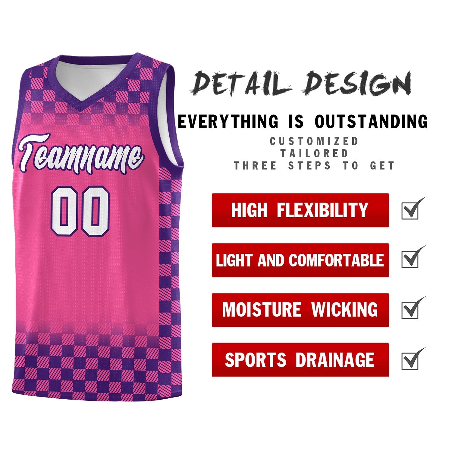 Custom Pink Purple Classic Plaid Pattern Sports Uniform Basketball Jersey