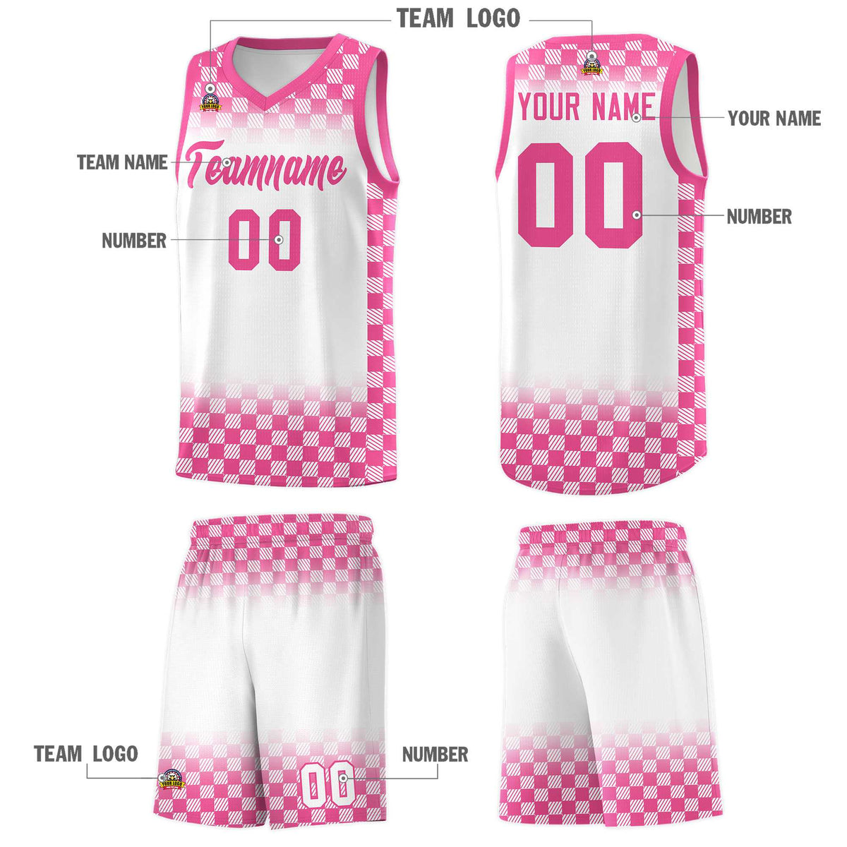 Custom White Pink Classic Plaid Pattern Sports Uniform Basketball Jersey