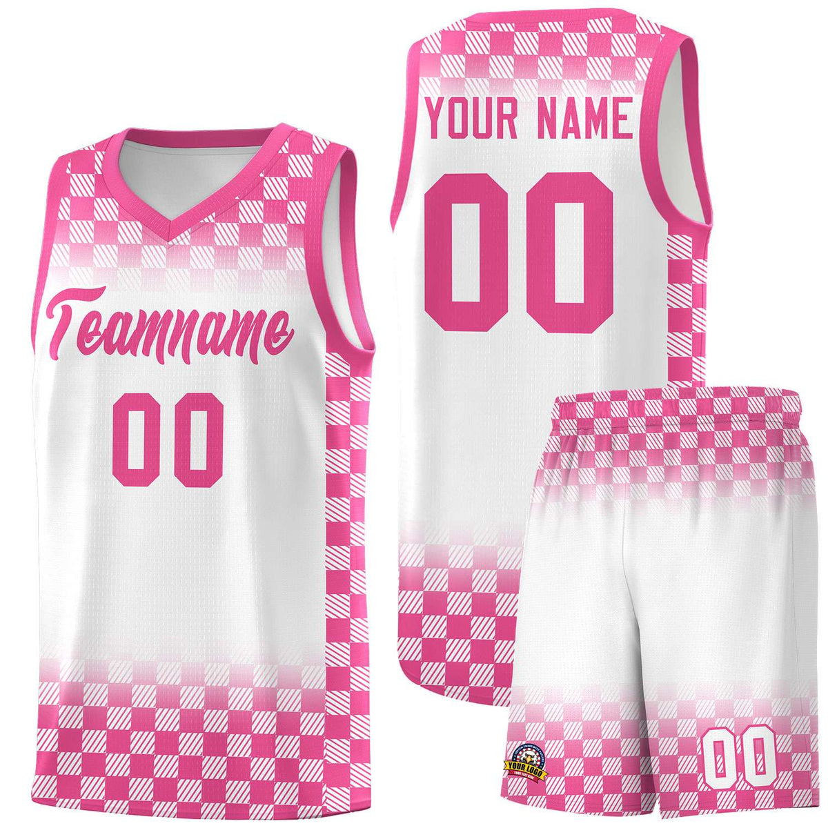 Custom White Pink Classic Plaid Pattern Sports Uniform Basketball Jersey