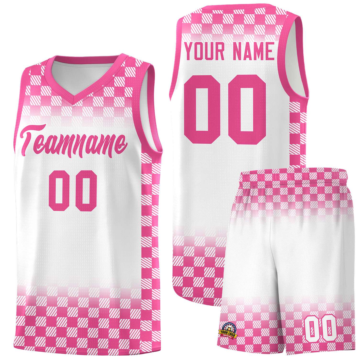 Custom White Pink Classic Plaid Pattern Sports Uniform Basketball Jersey