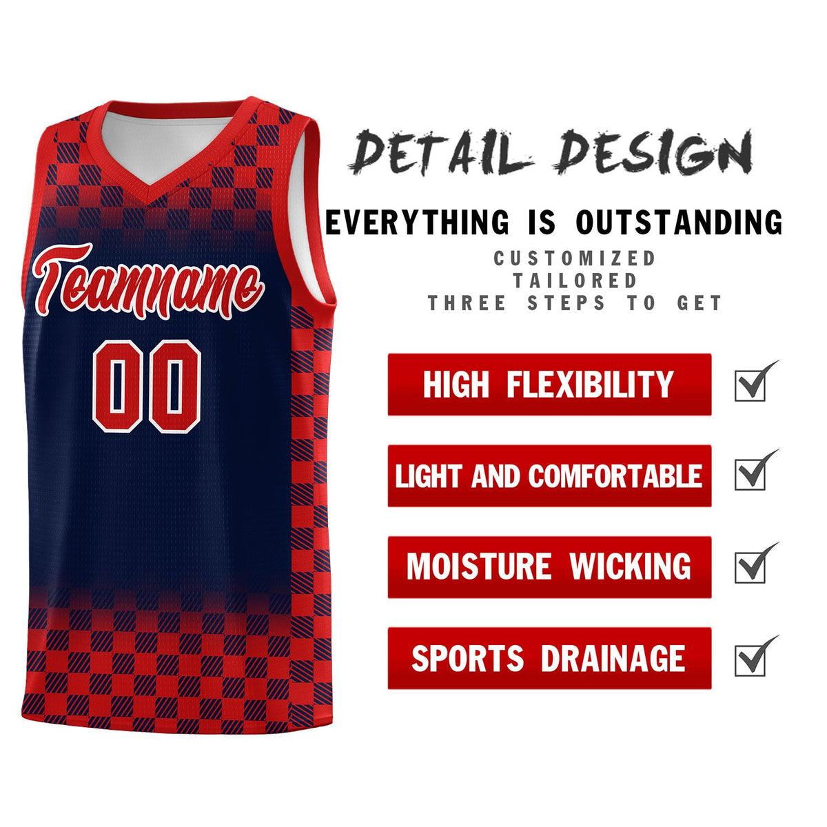 Custom Navy Red Classic Plaid Pattern Sports Uniform Basketball Jersey