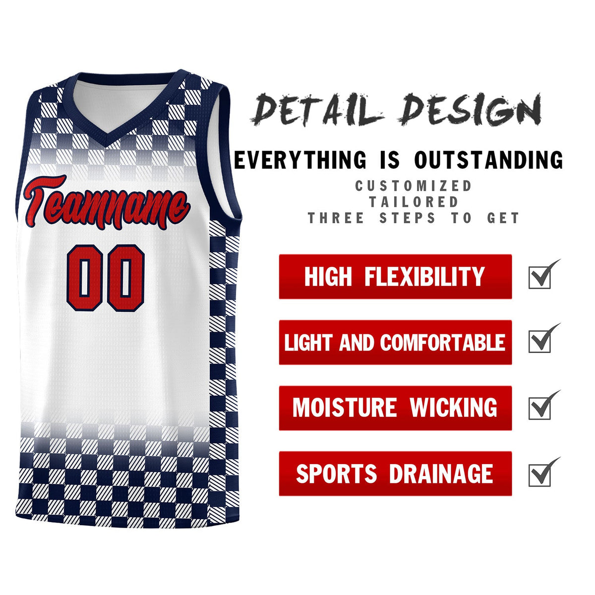 Custom White Navy Classic Plaid Pattern Sports Uniform Basketball Jersey
