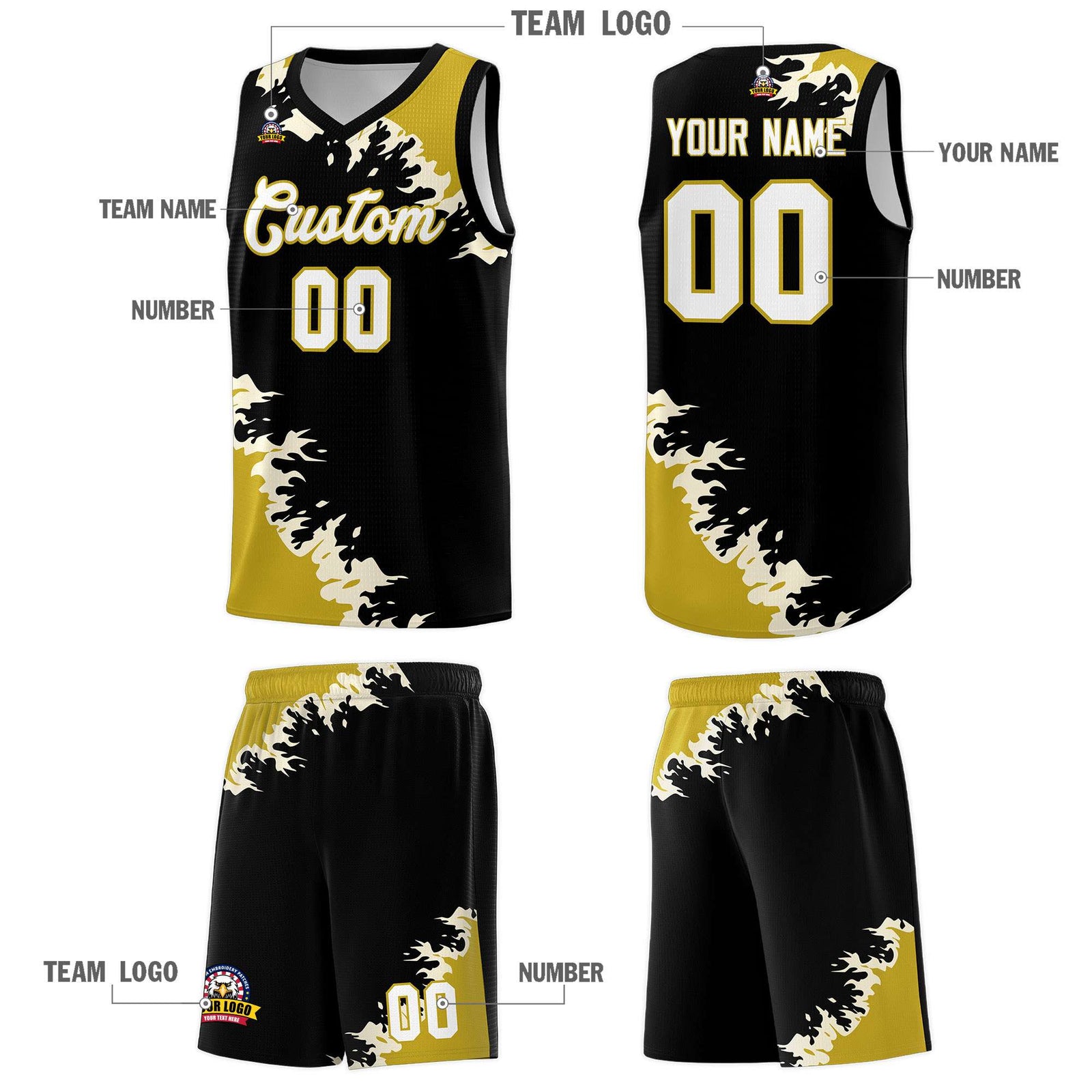 Custom Black Old Gold-Cream Sparkle Print Pattern Basketball Kits