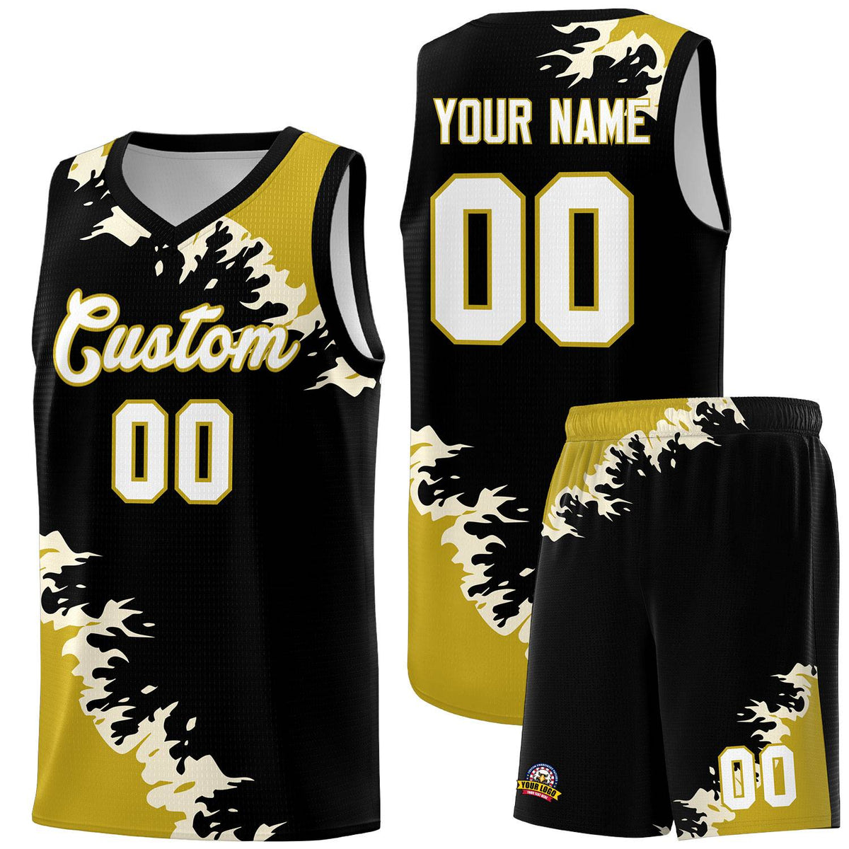 Custom Black Old Gold-Cream Sparkle Print Pattern Basketball Kits