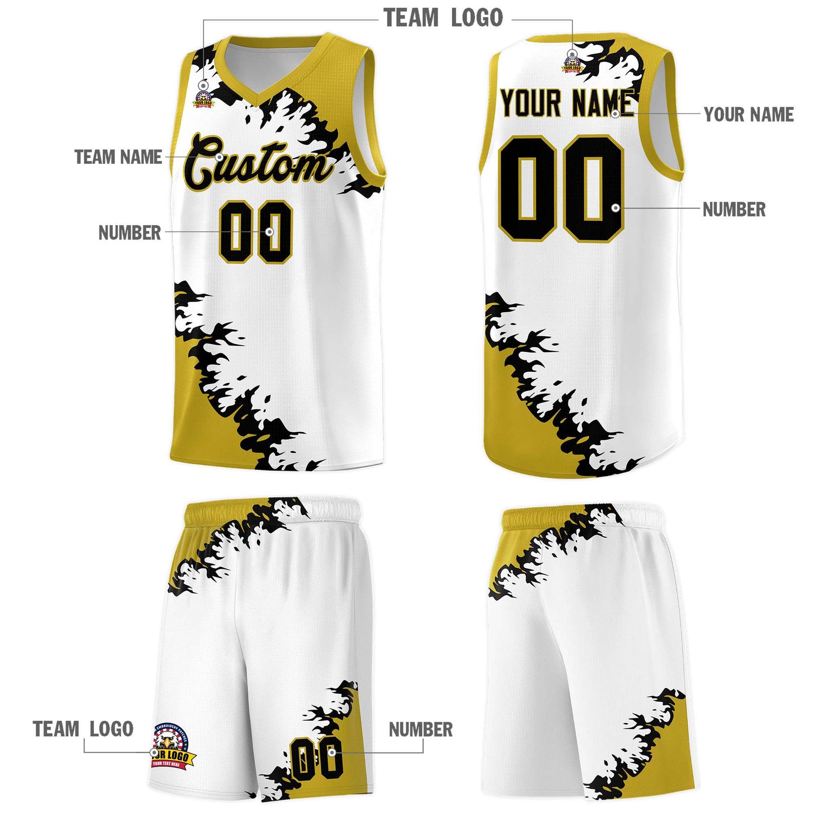 Custom White Old Gold-Black Sparkle Print Pattern Basketball Kits