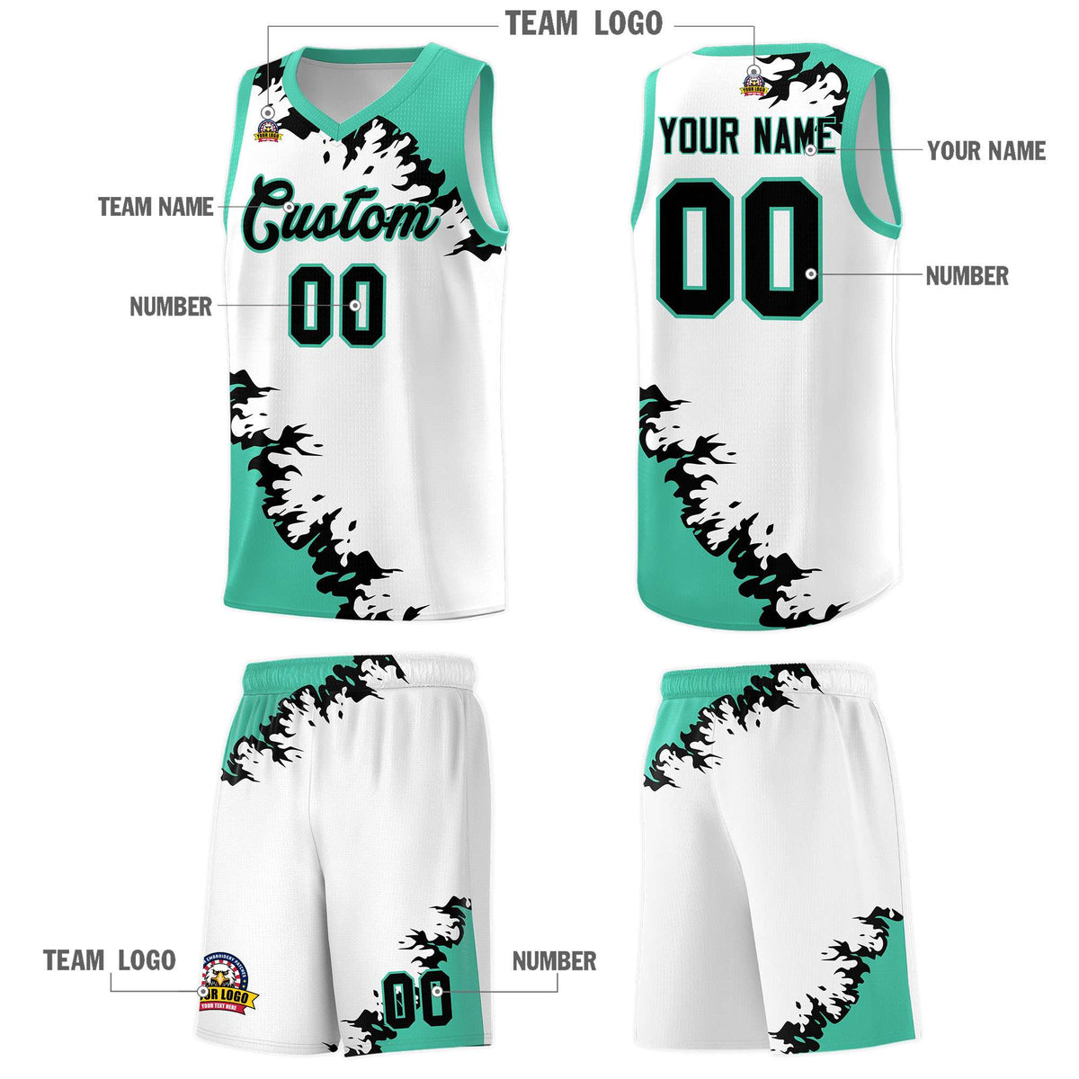 Custom White Black-Bright Green Sparkle Print Pattern Basketball Kits
