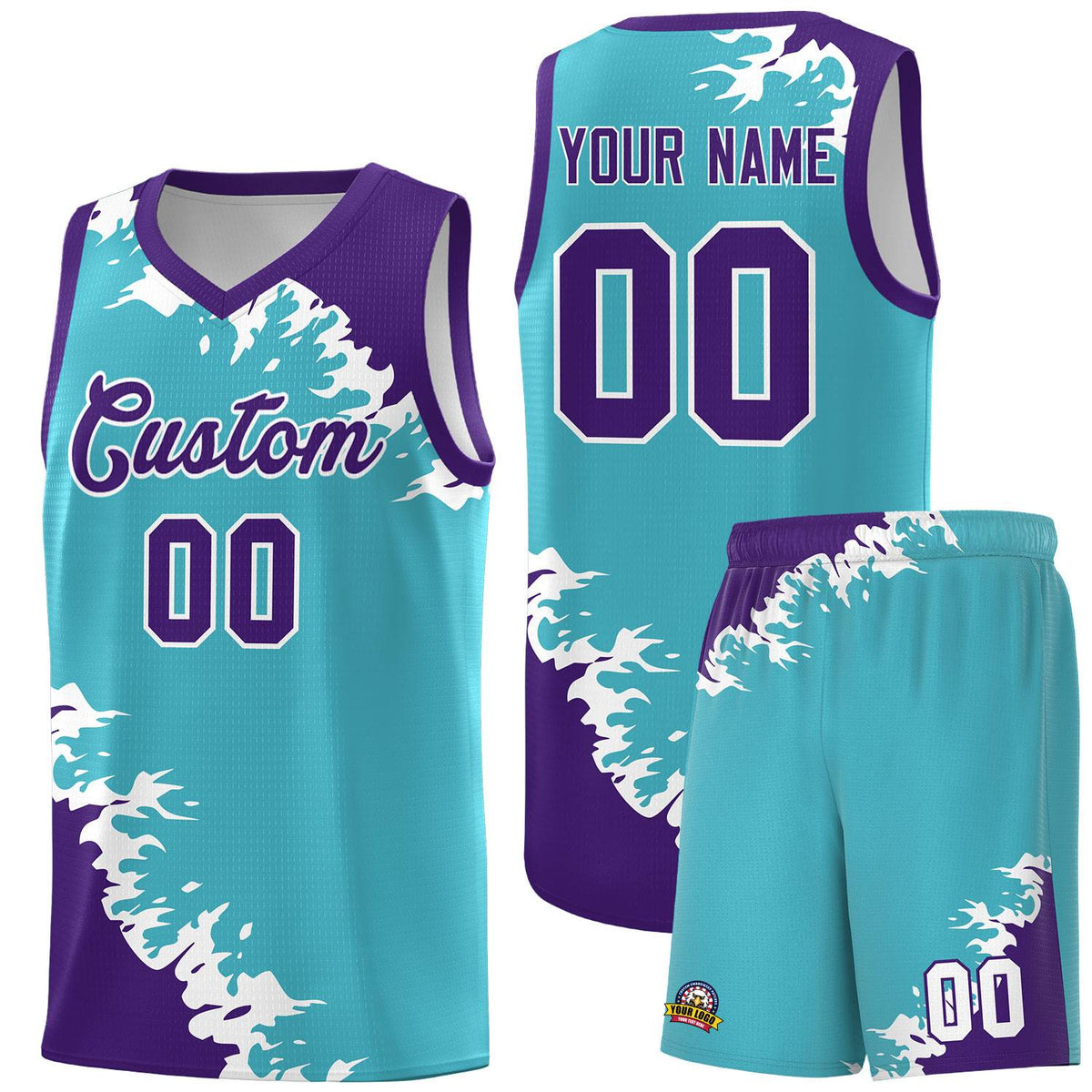 Custom Sky Blue Purple-White Sparkle Print Pattern Basketball Kits