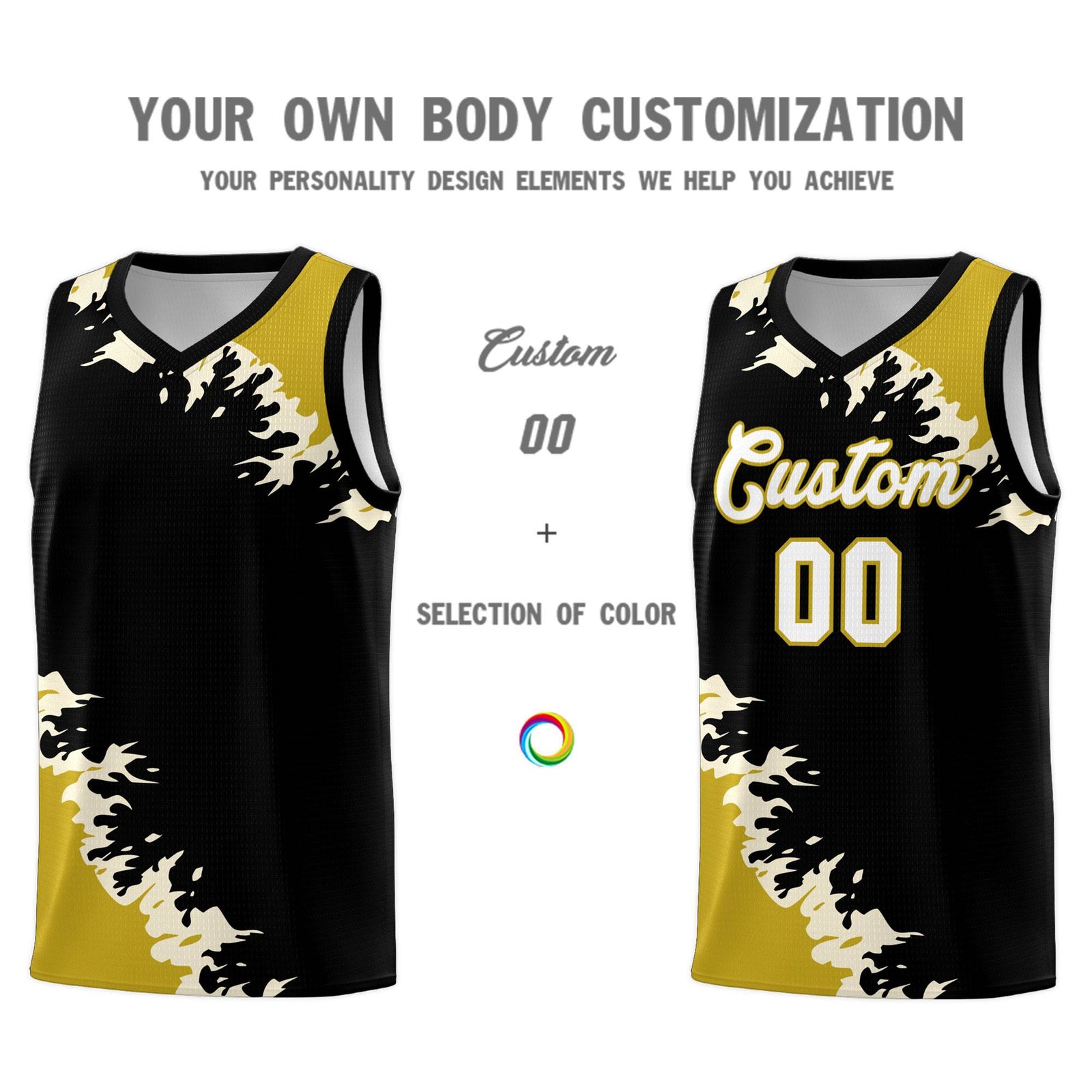 Custom Black Old Gold-Cream Sparkle Print Pattern Basketball Kits