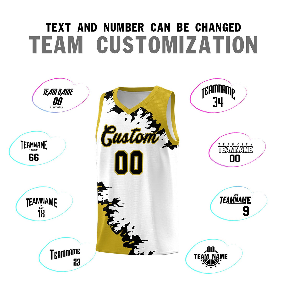 Custom White Old Gold-Black Sparkle Print Pattern Basketball Kits