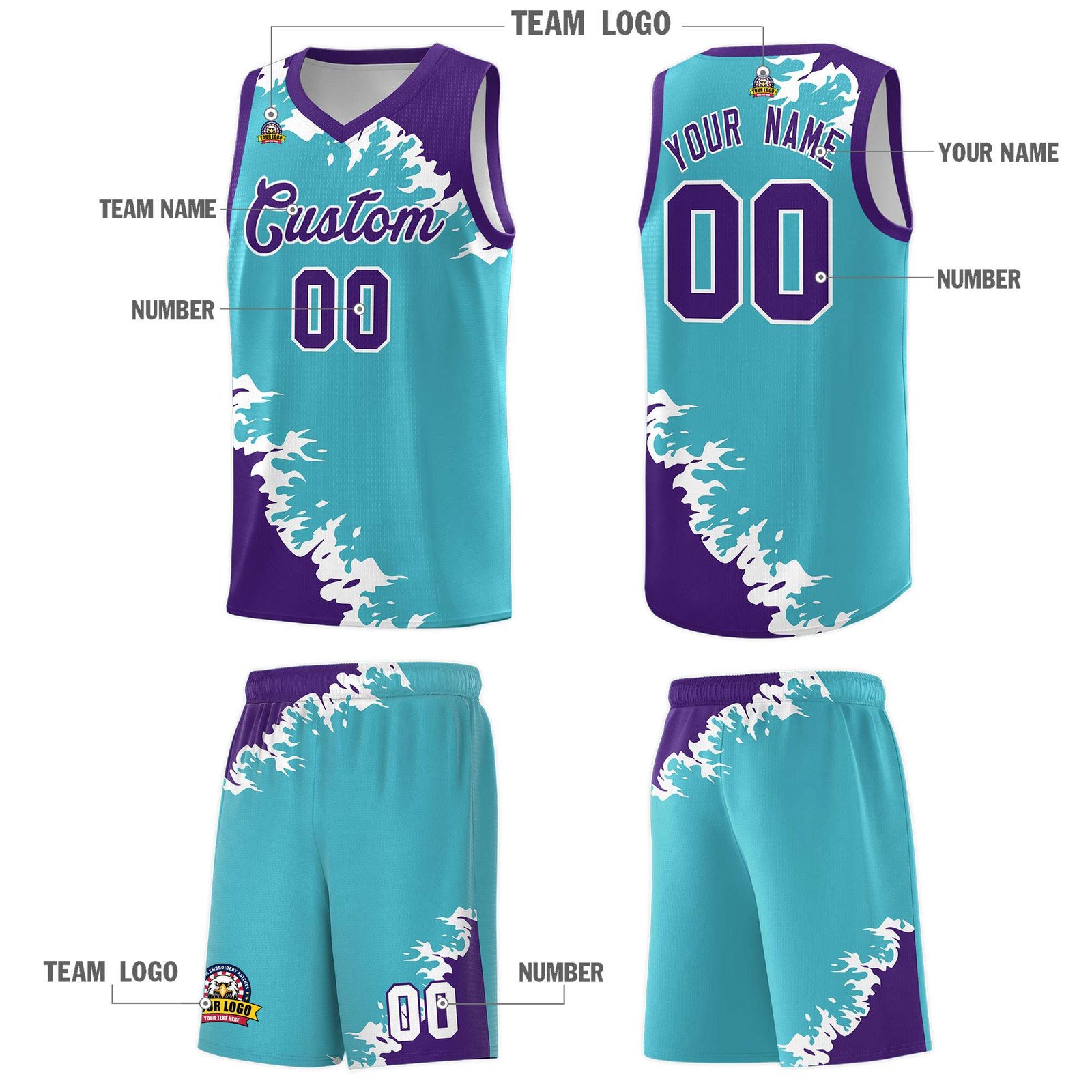 Custom Sky Blue Purple-White Sparkle Print Pattern Basketball Kits