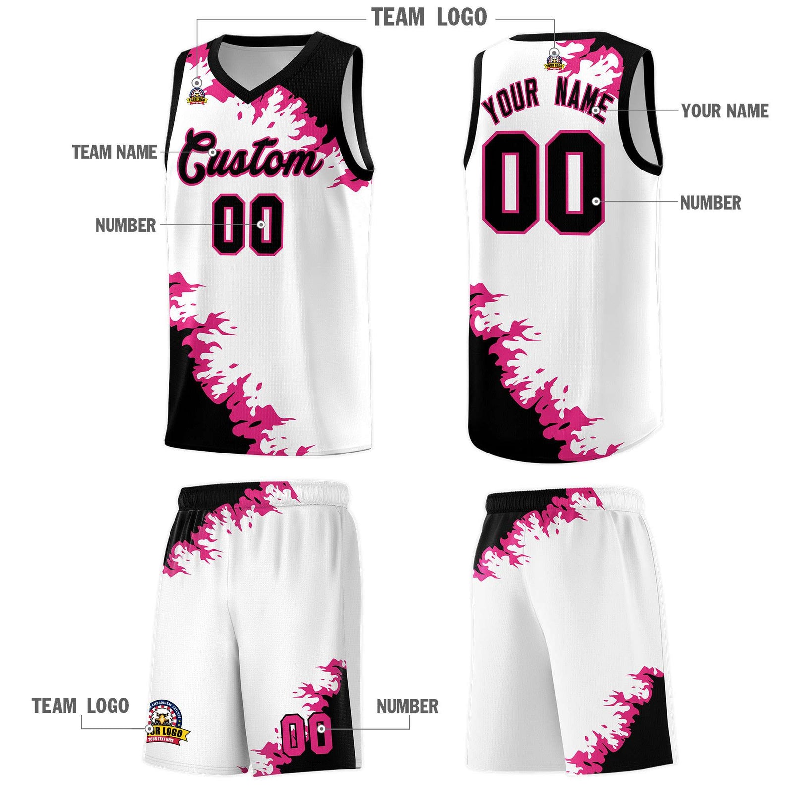Custom White Black-Rose Red Sparkle Print Pattern Basketball Kits