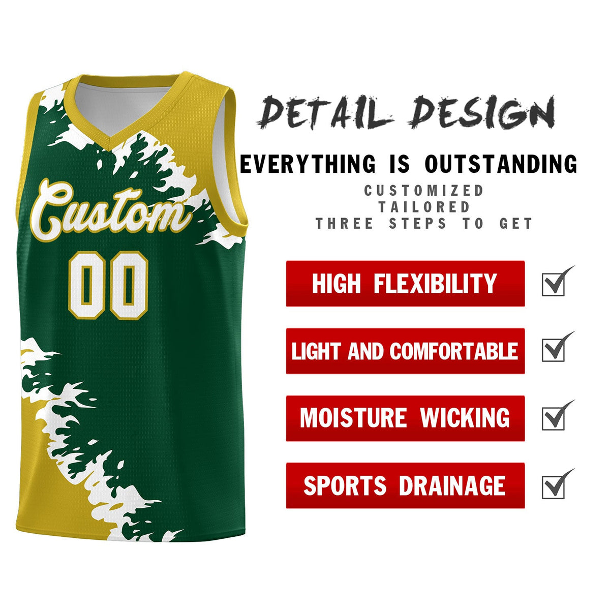Custom Green Old Gold-White Sparkle Print Pattern Basketball Kits